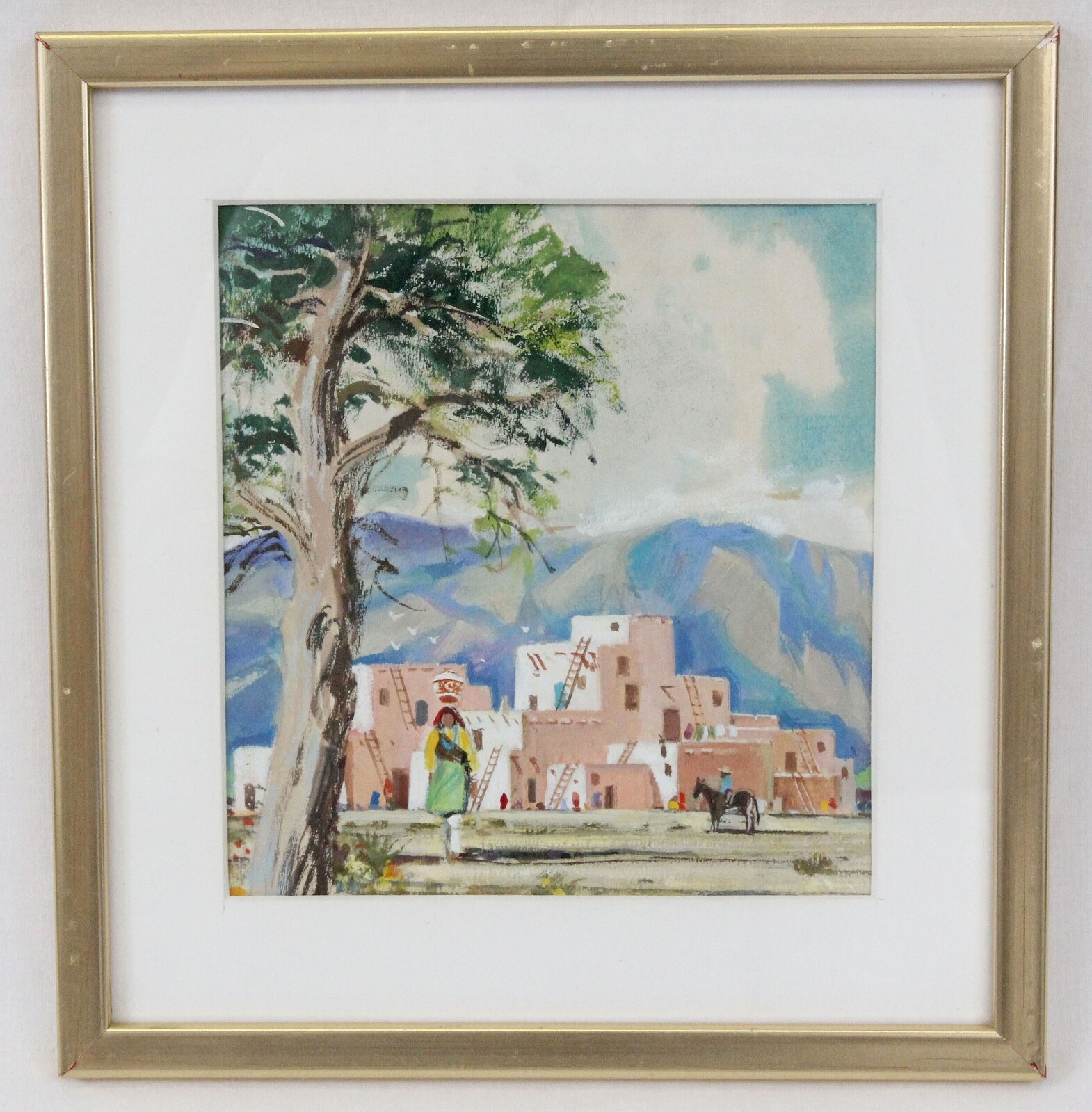 (attrib.) Dean Ellis 7×7 Watercolor Painting Taos Pueblo Native American Western