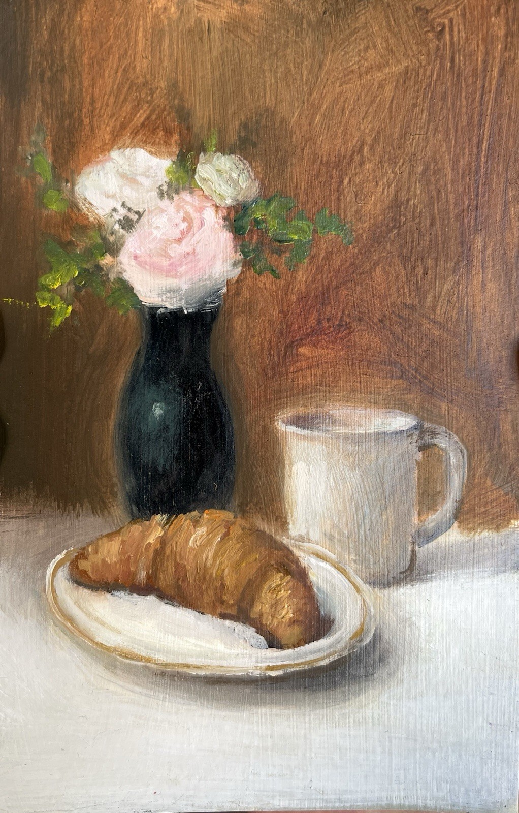 Original Oil Floral Still Life Painting, Coffee, 4×6”OOAK, Cottagecore