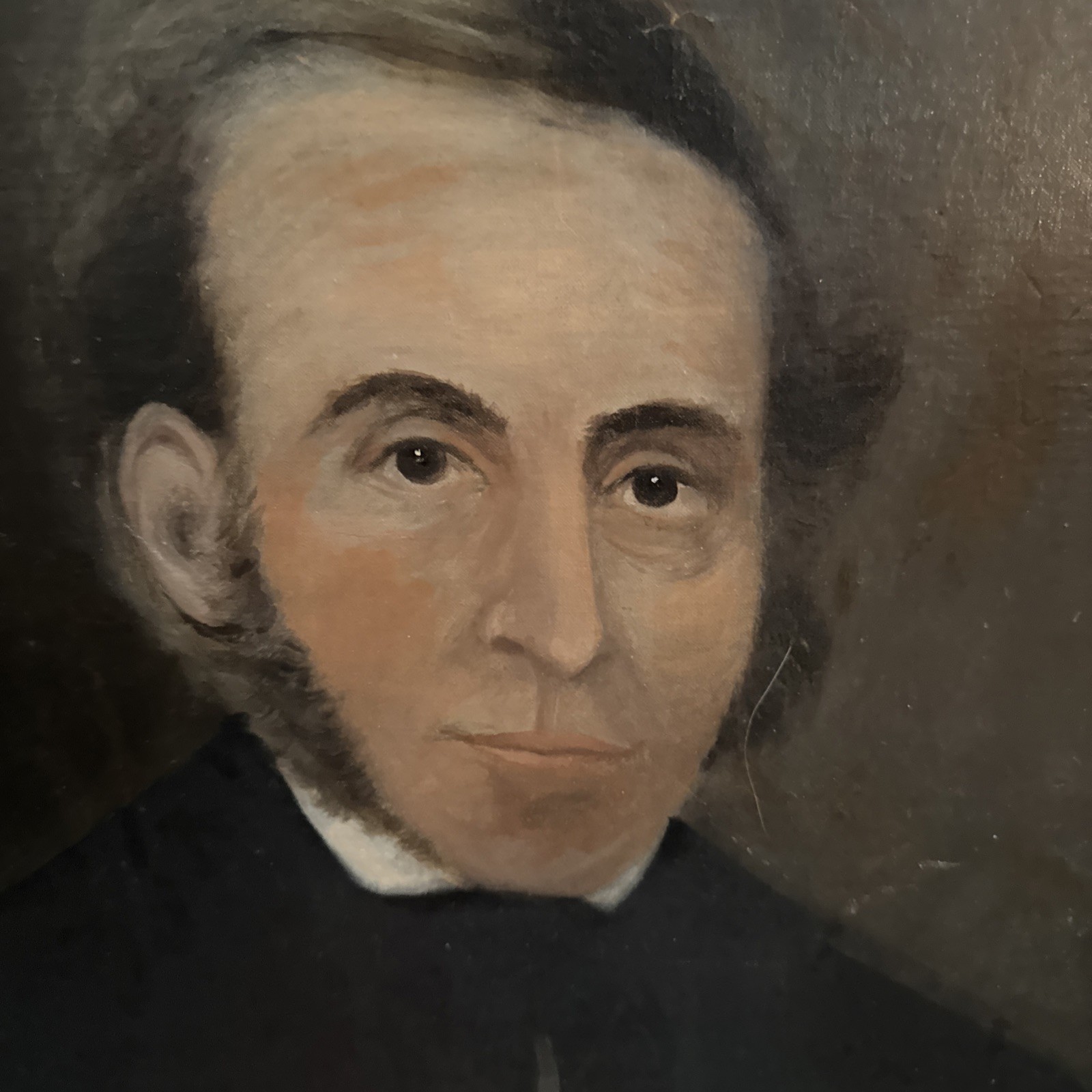 American School 19th Century Antique Oil Portrait Man In Suit Folk Art