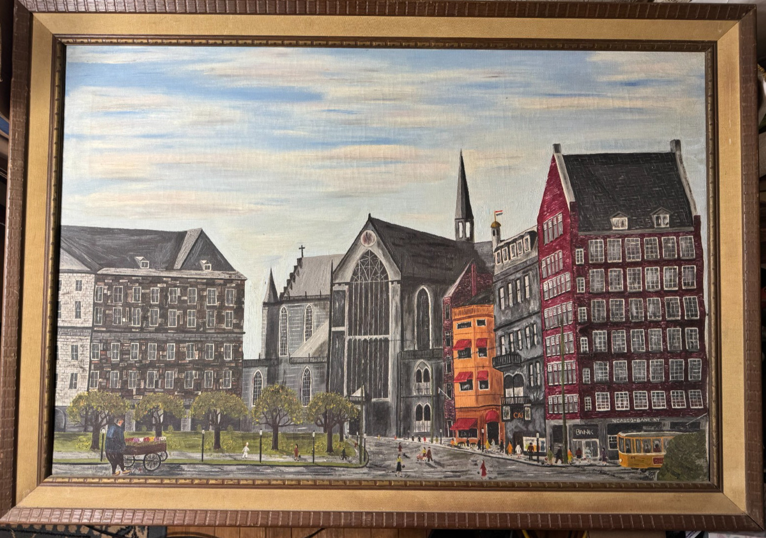 Huge Superb 1966 «Figures In Downtown NY City Street Scene» Oil Painting -Framed