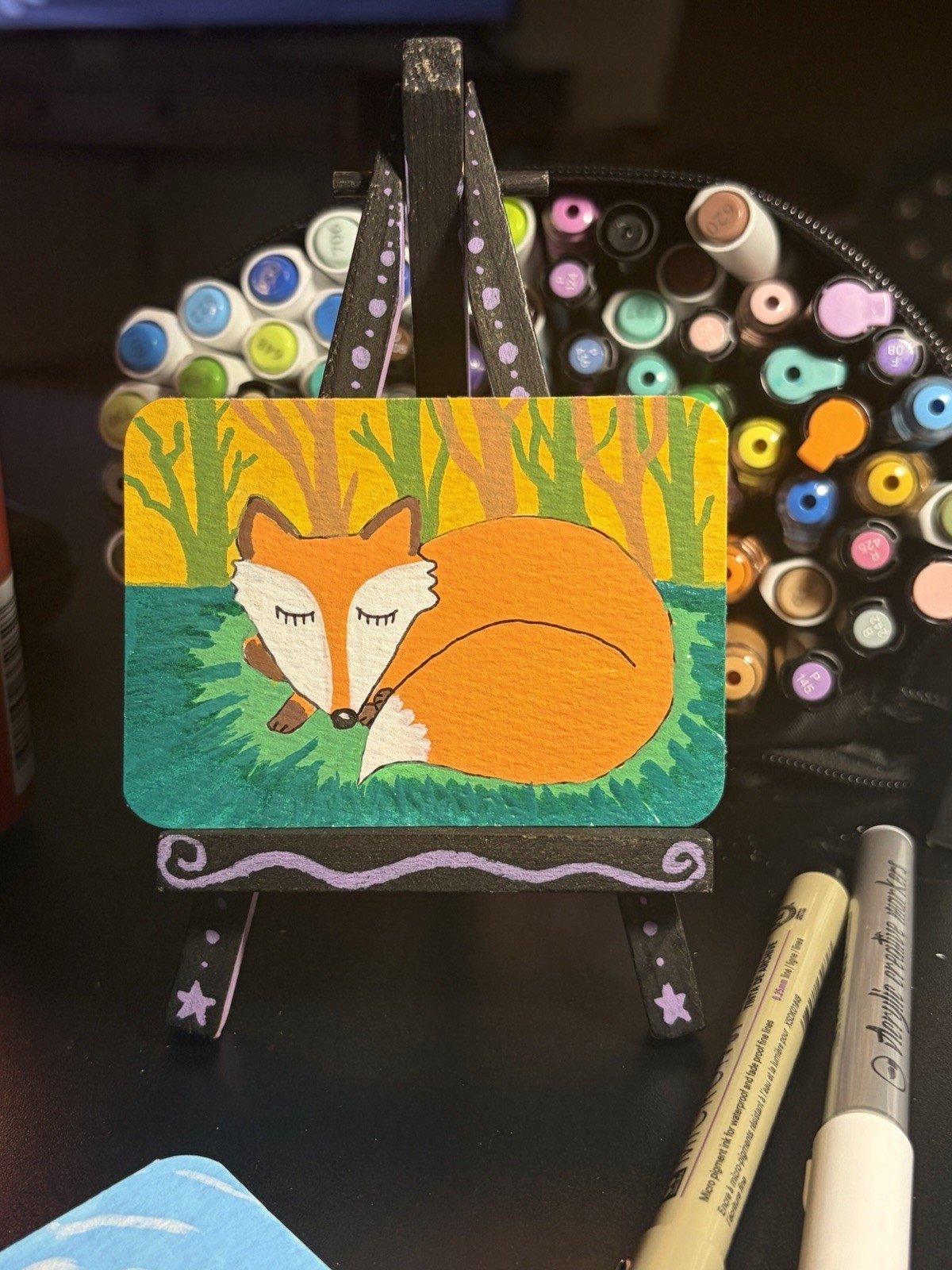 ACEO Original Acrylic Painting Art Card Hand Painted By Sillylilshop Fox Snooze