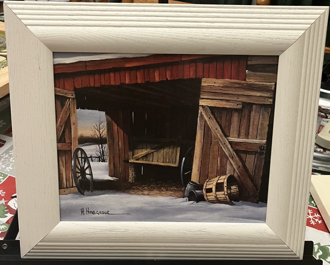 H Hargrove 8X10 Framed White Wood Winter Barn Wagon Wheel Tin Buckets Still Life