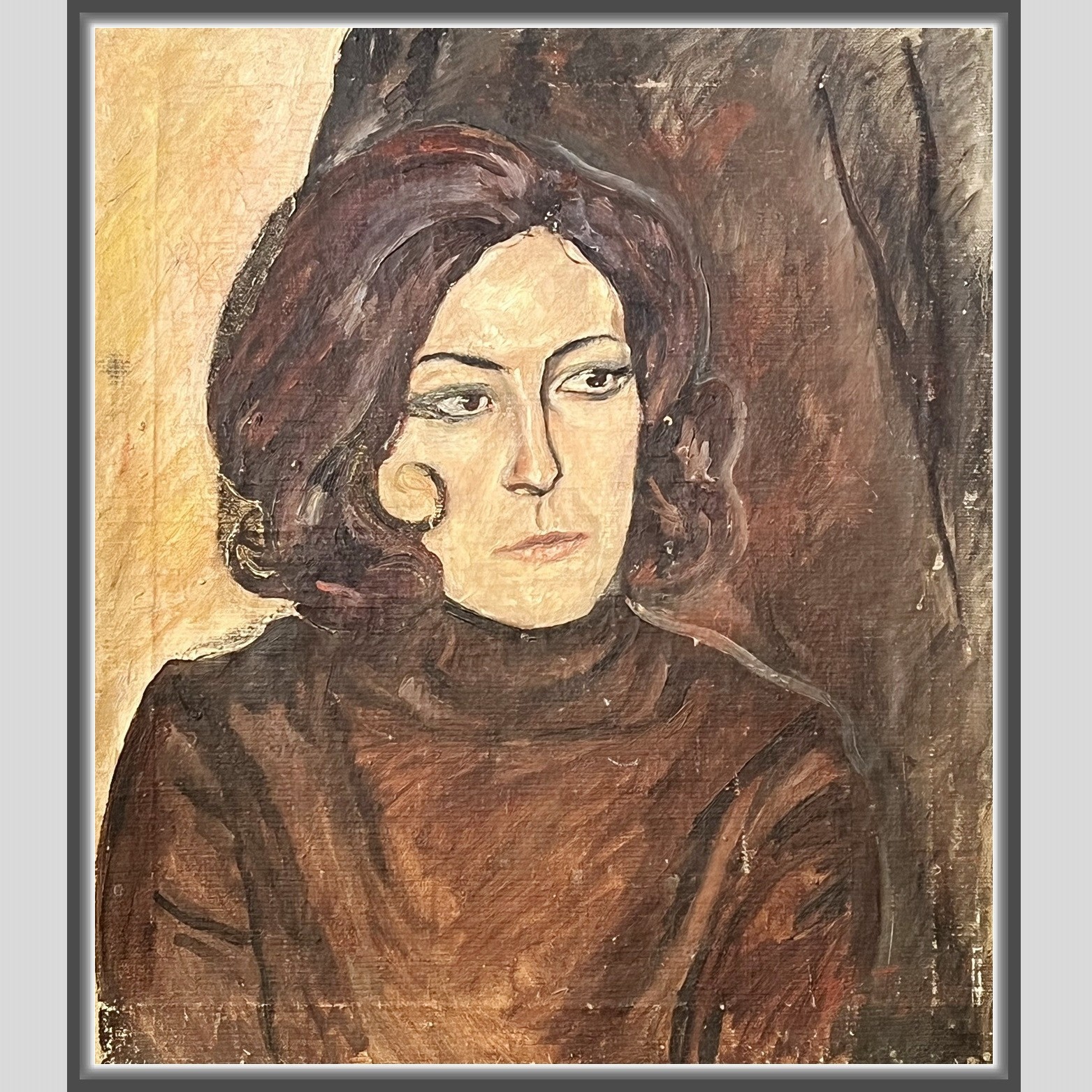 Old Big OIL Canvas Hand PAINTING Portrait of Woman in Brown USSR Realism SIGNED