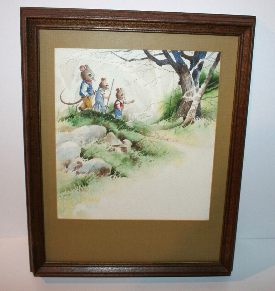 Joseph Fettingis Signed Watercolor Painting 3 Mice Hiking Hike Scene 13×15.75″
