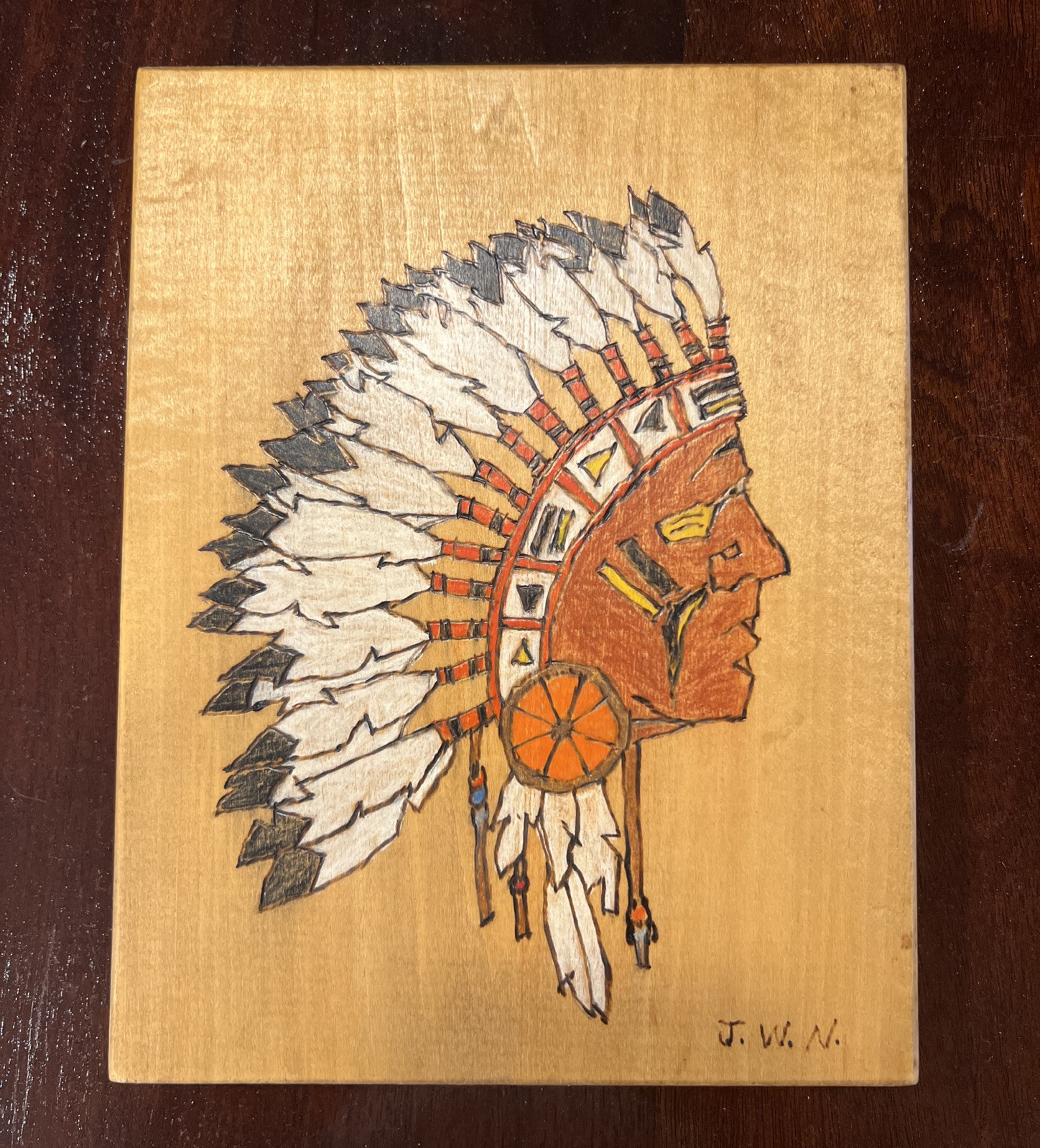 Native American Wood Burning Painting 7×9 Head Dress Indian Signed JWN Carving V