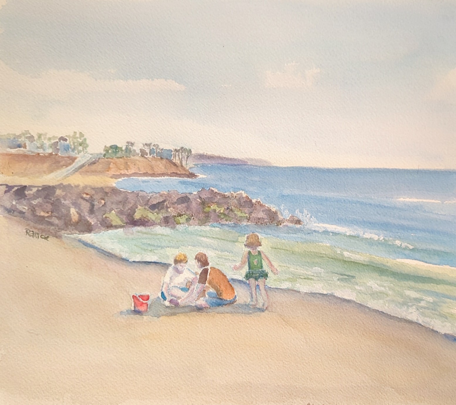 Kids On The Sand Oceanside Original Watercolor RAMfish Artist Beach 9″ X 12″