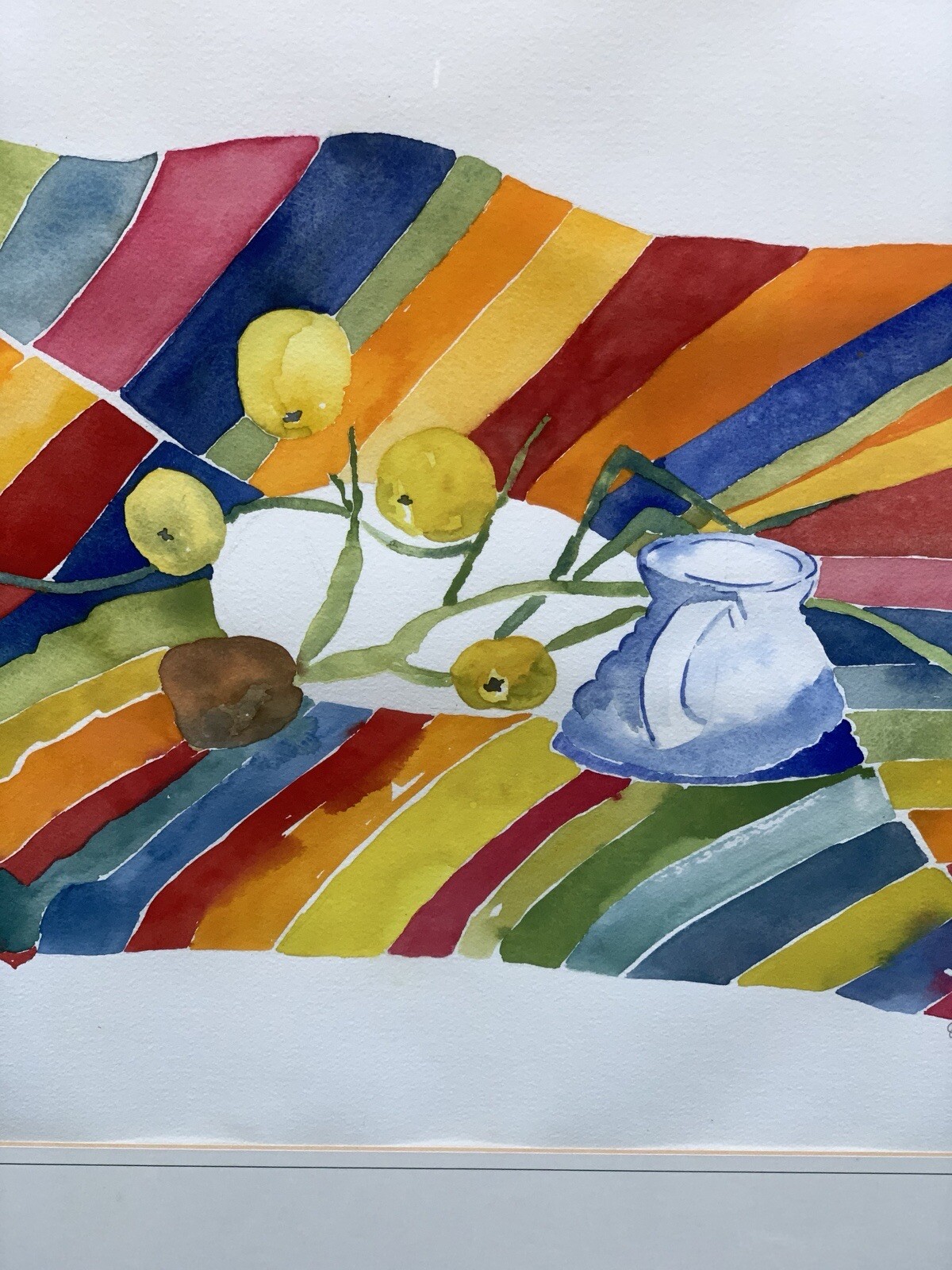 Vintage 80-90s Lemon Still Life Picnic Quilt Rainbow Watercolor Frame 26.5×33.5”