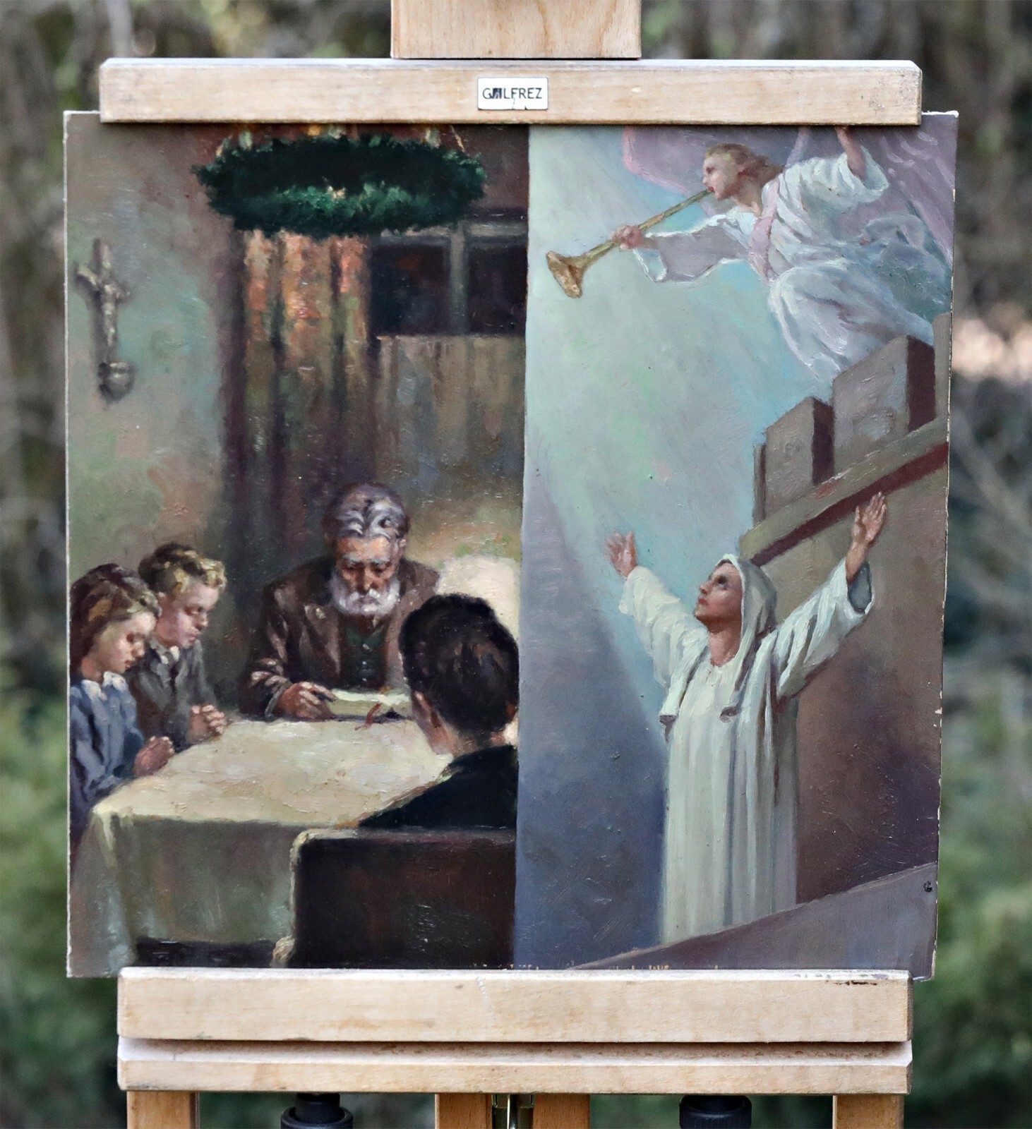 Oil Painting On Cardboard Unsigned Religious Scene Angels Prayer Original