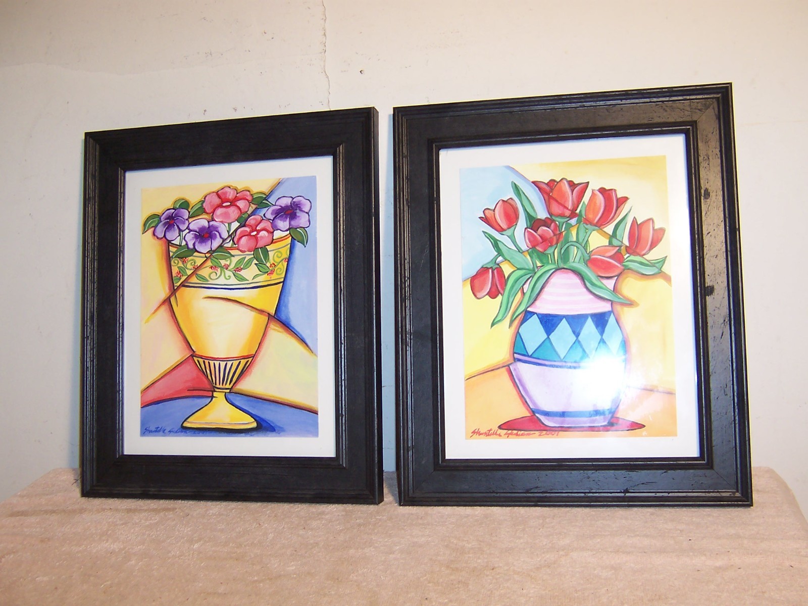 Pair Modernist Pop Coffee Shop Floral Still Life Paintings Shantelle Julian 2001