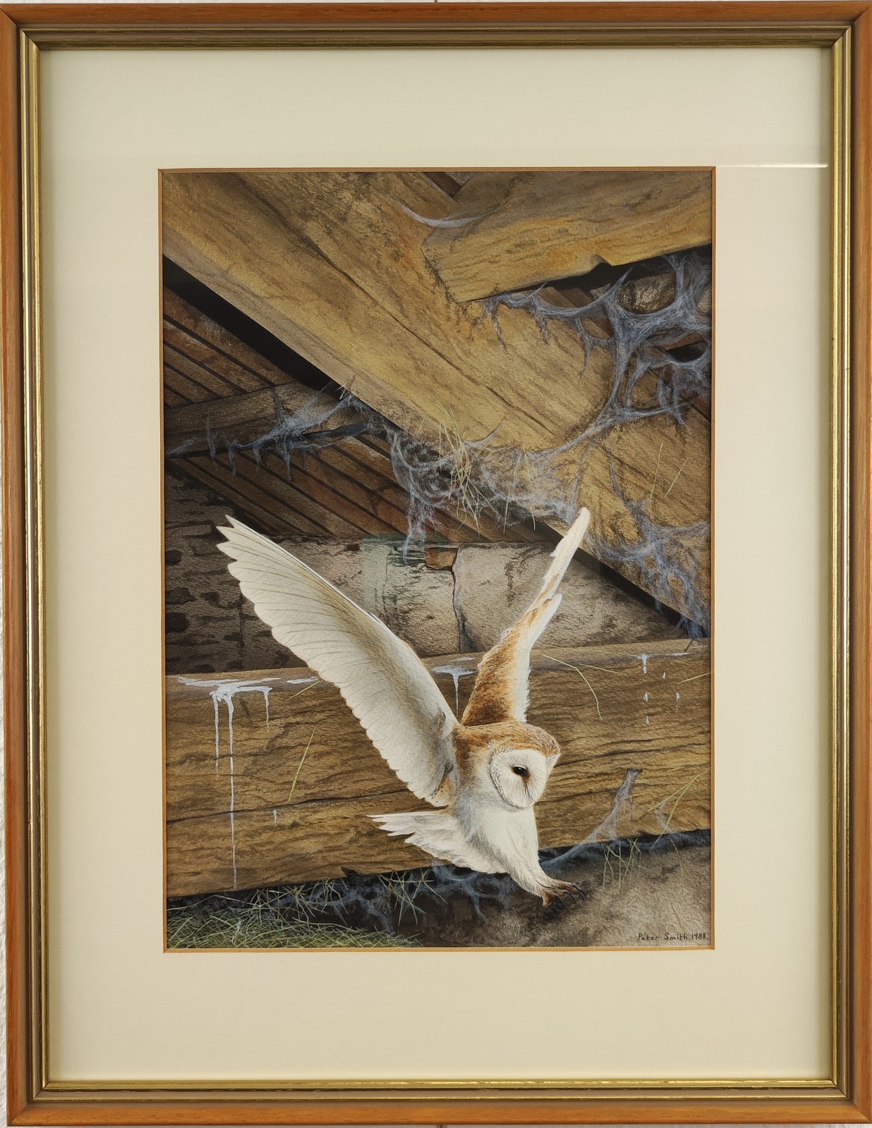 PETER SMITH KENDAL ARTIST ORIGINAL WATERCOLOUR BARN OWL WILDLIFE PAINTING, 1988.