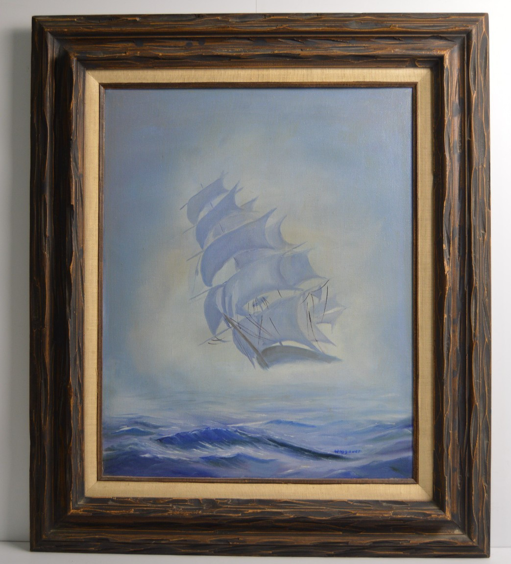 Vintage Art Painting Sailboat Rough Waters Blue Hue Beach House Sea Nautical