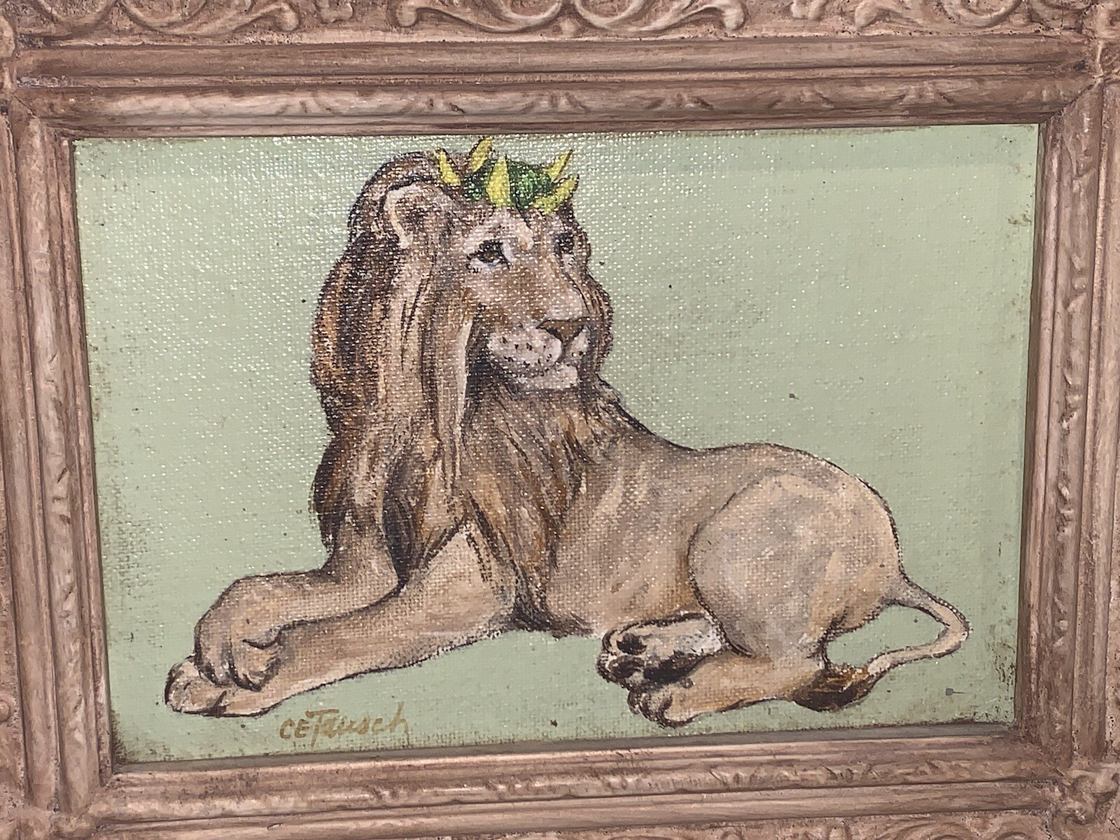 Vintage MCM Lion Flower Crown Original Painting Framed Sign CE Tausch 10.25×8.25