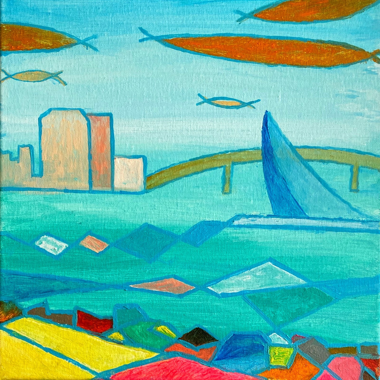 Abstract Oil Painting. San Diego Skyline. Original Signed by Artist Handmade Art