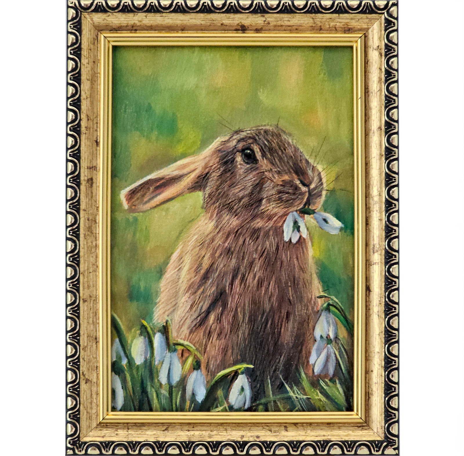 Original Oil Painting Rabbit With Snowdrops 4×6 Framed Wildlife Artwork