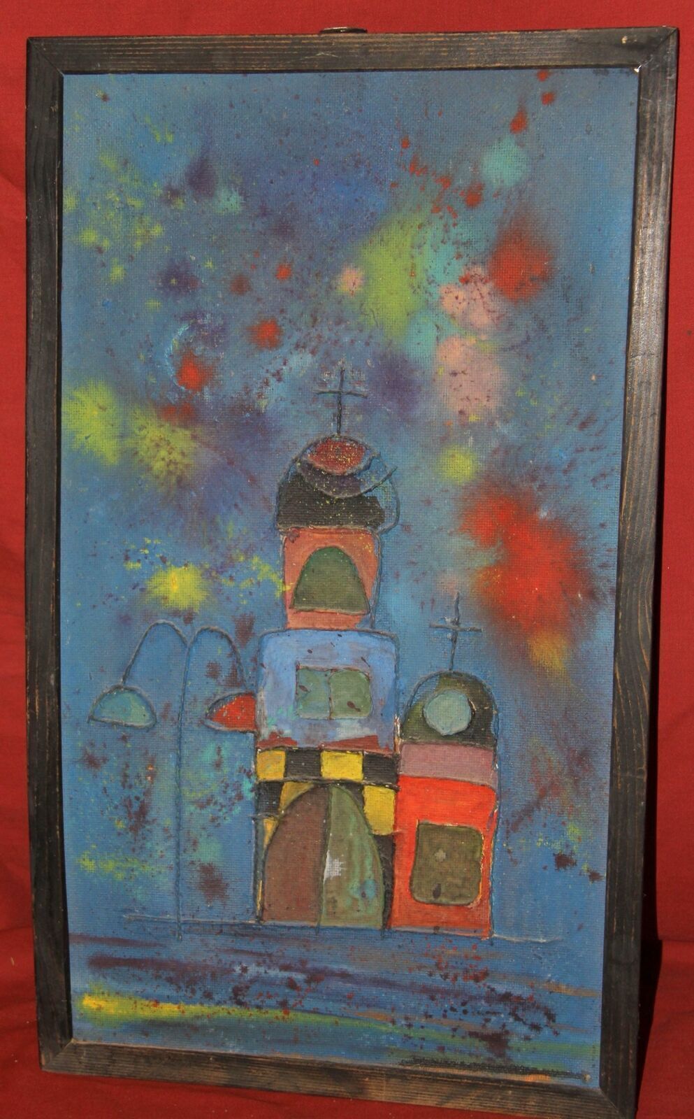 Vintage oil/collage surrealist painting church landscape