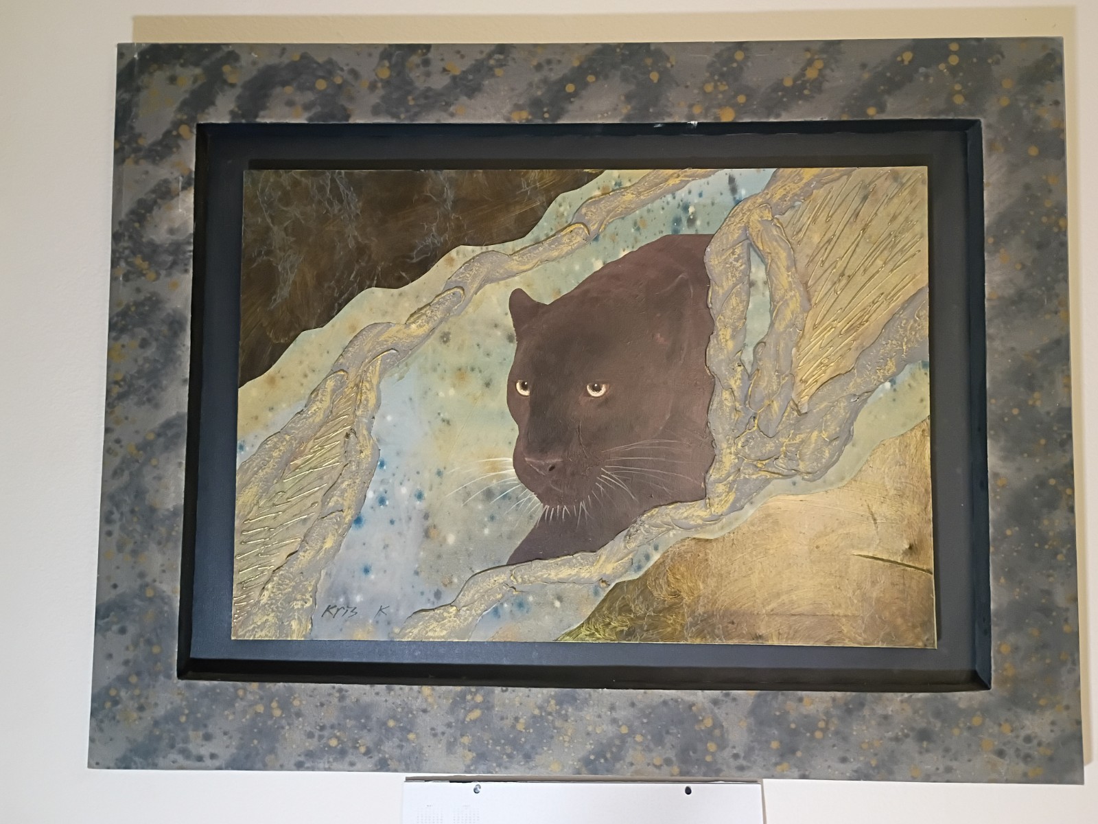 Kris K Signed Framed Realism Panther Big Cat Wildlife Painting, Medium