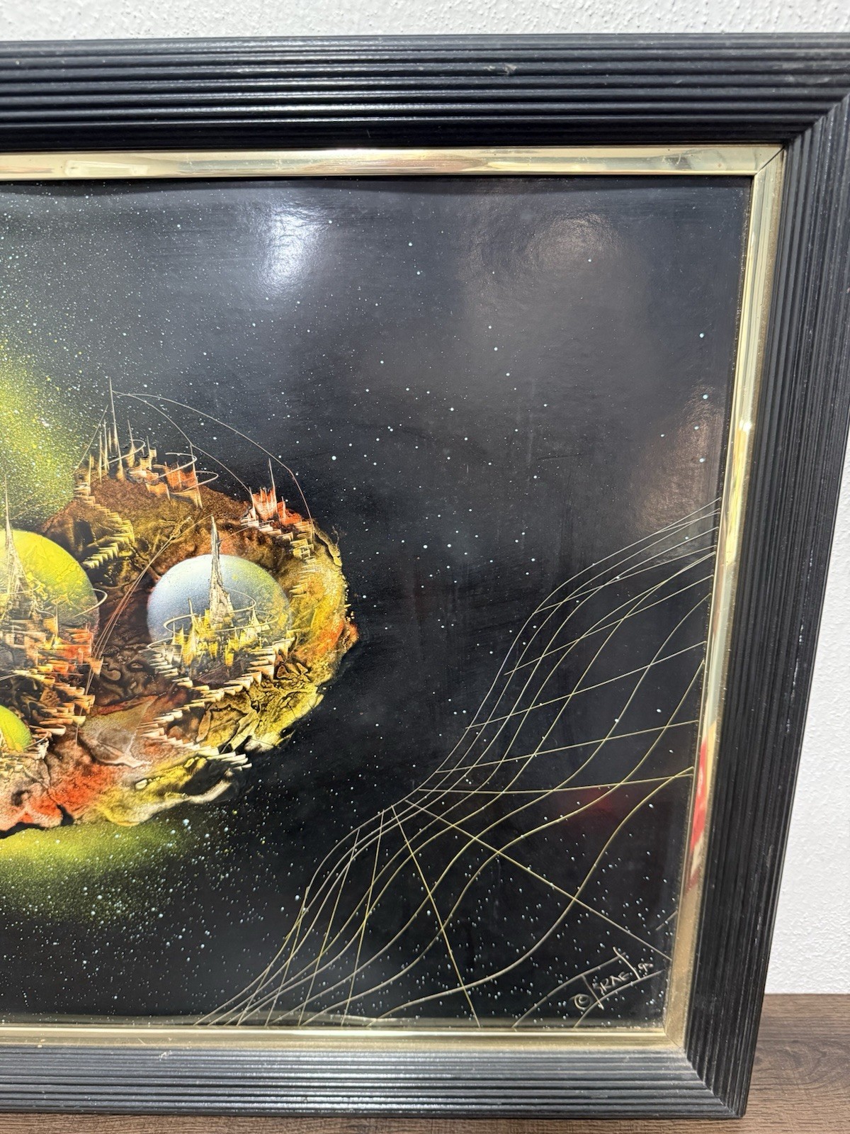 1995 Vintage Original Space Sci-Fi Spray Paint Art Framed and Signed – read desc