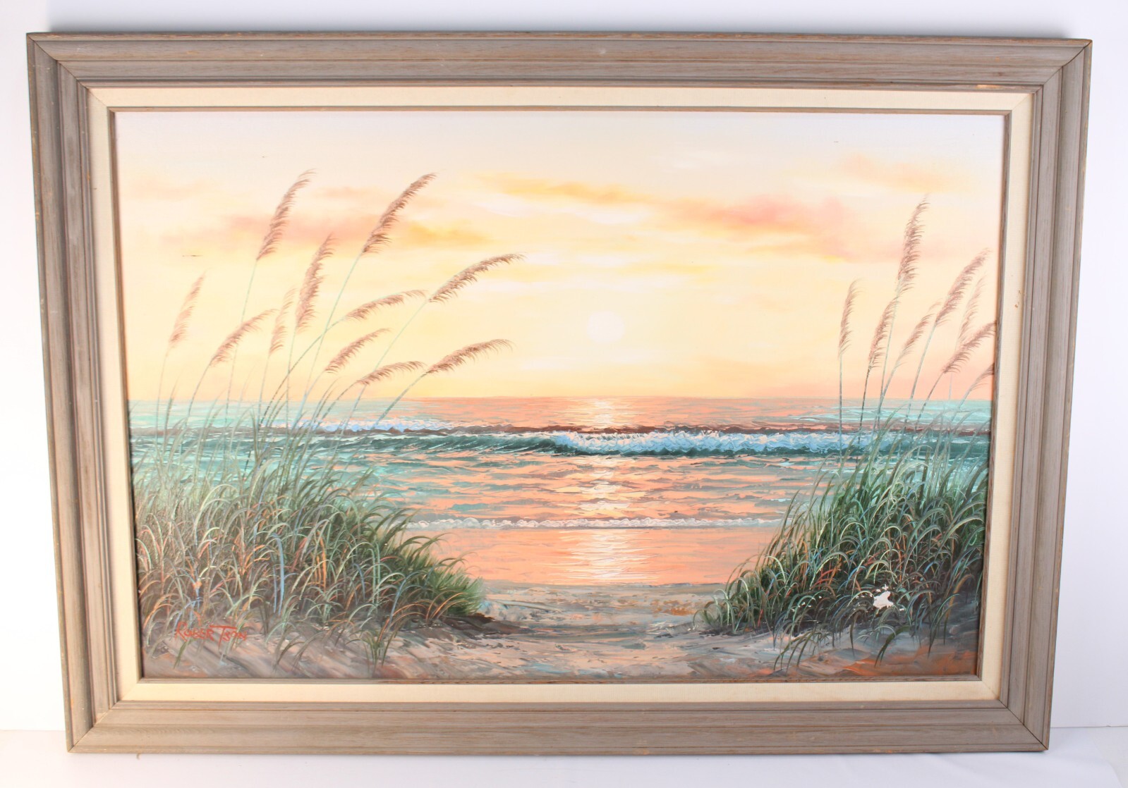 Vintage Sunset Seascape Beach Front Oil Painting On Canvas Signed Robertson