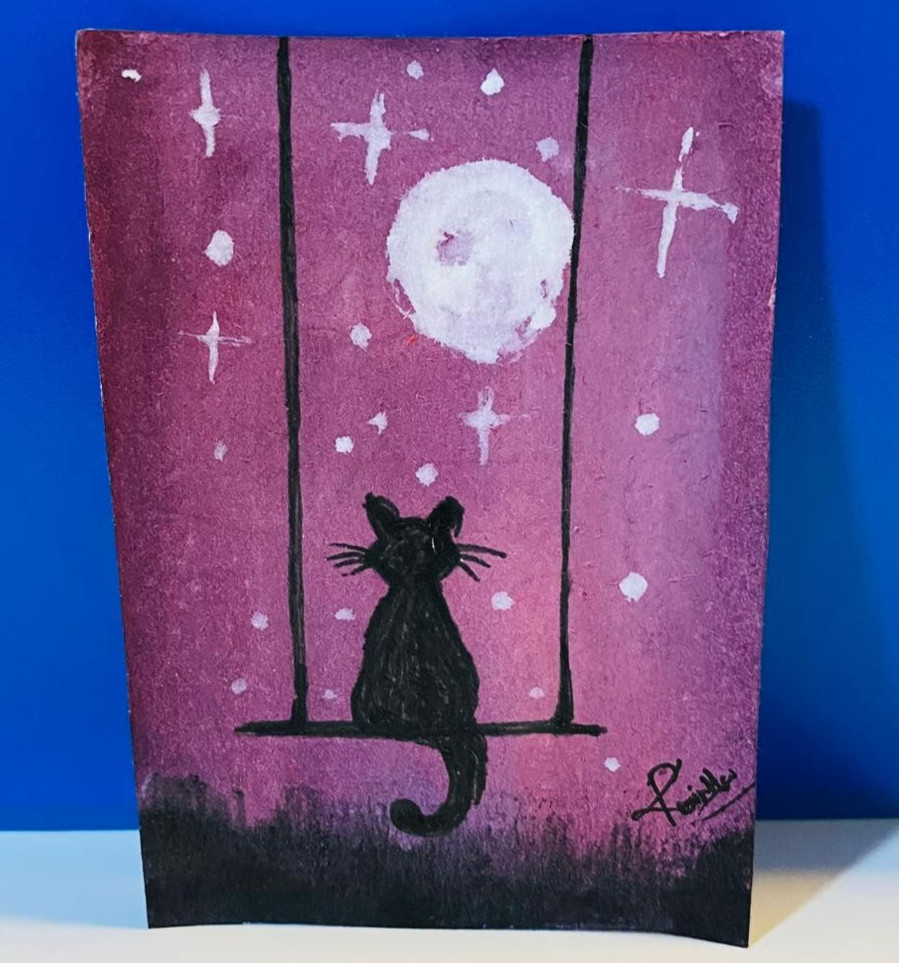ACEO Original Art Cat on Swing Under Moon Miniature Night Sky Painting, Purple