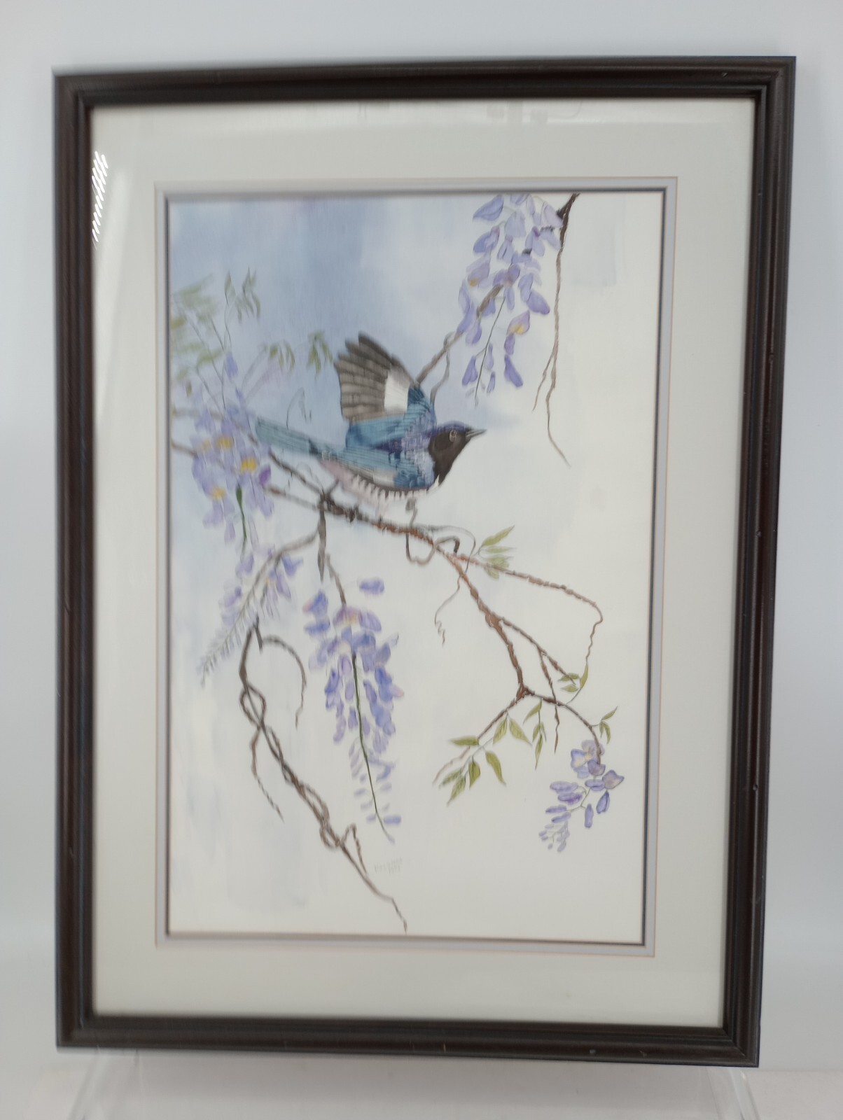 Vintage KAY WELLS Blue Bird Water Color Painting On Matte Paper 29″ X 21″ Framed
