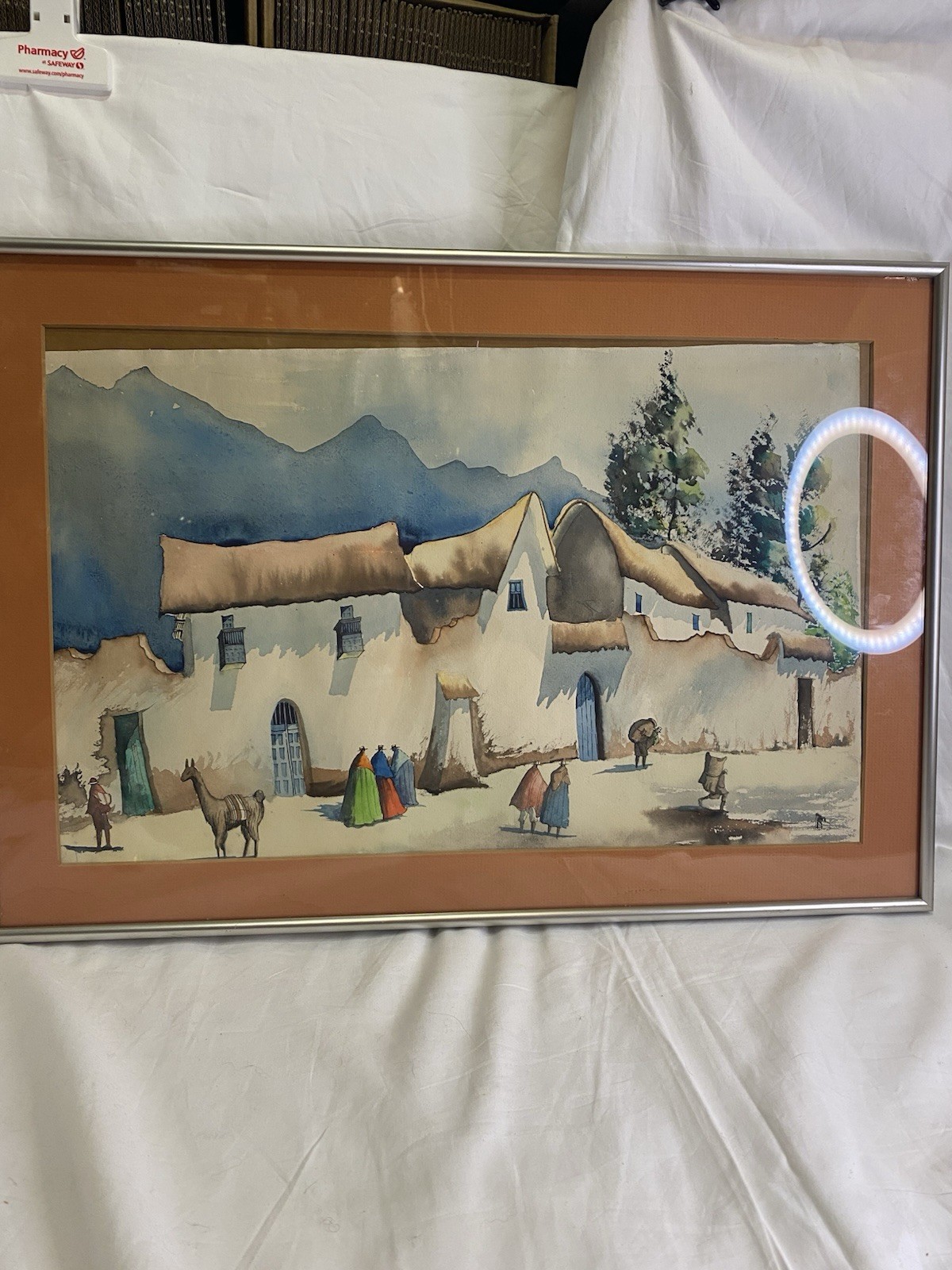 Original Watercolor Painting Of Peruvian Village Scene Llama Women Buildings