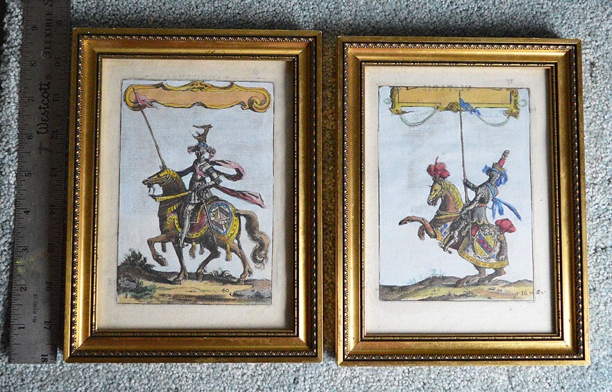 Pair of Antique Knights on Horseback, Hand Painted Lithographs, Framed 7″ X 9″