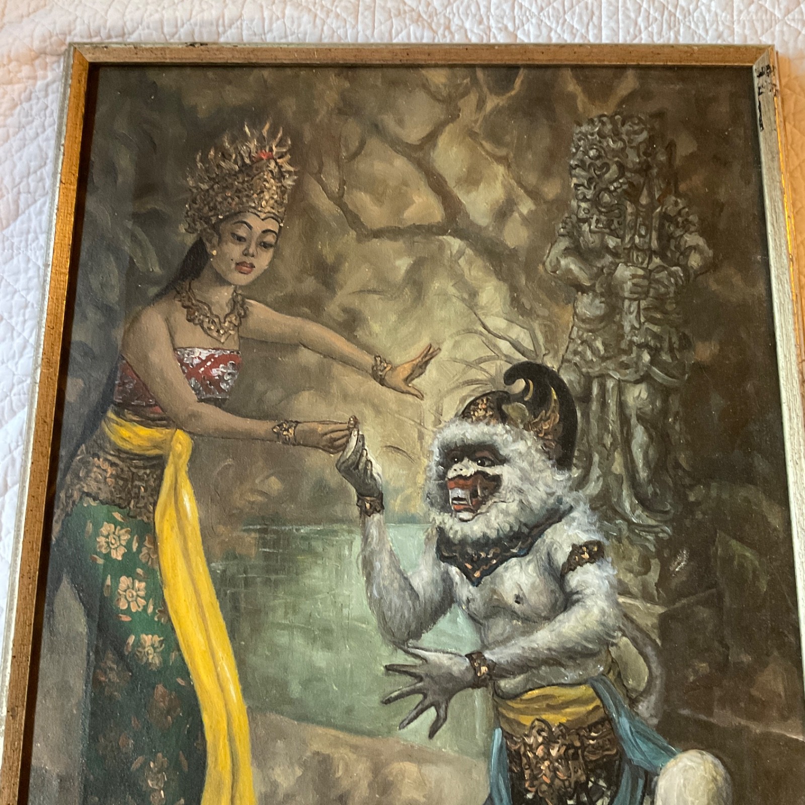 original oil painting Balinese woman portrait mythical monkey god signed vinage