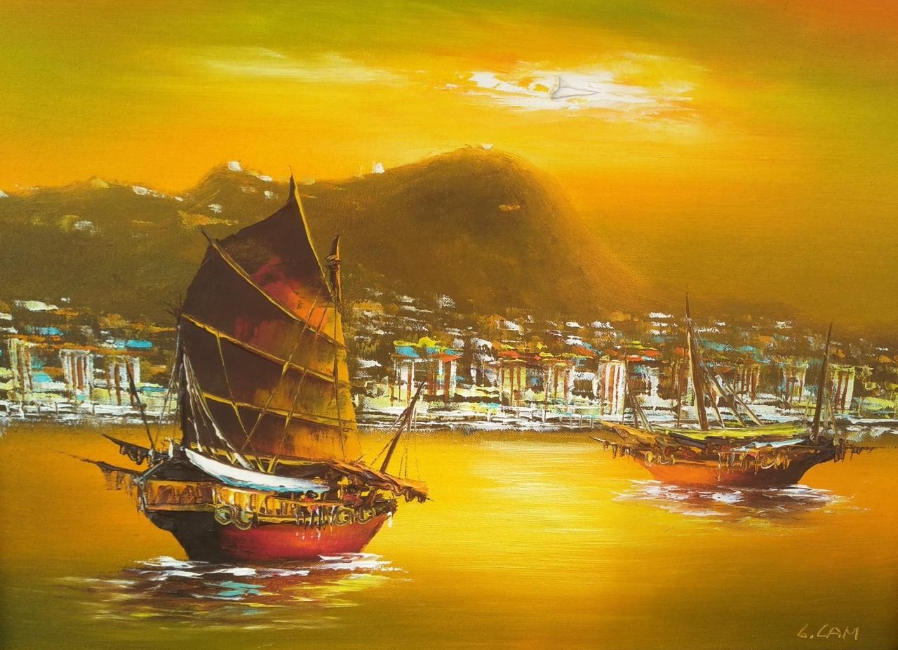 Original Art Painting Coastal Landscape Art Nautical Chinese Junque Ship Boat