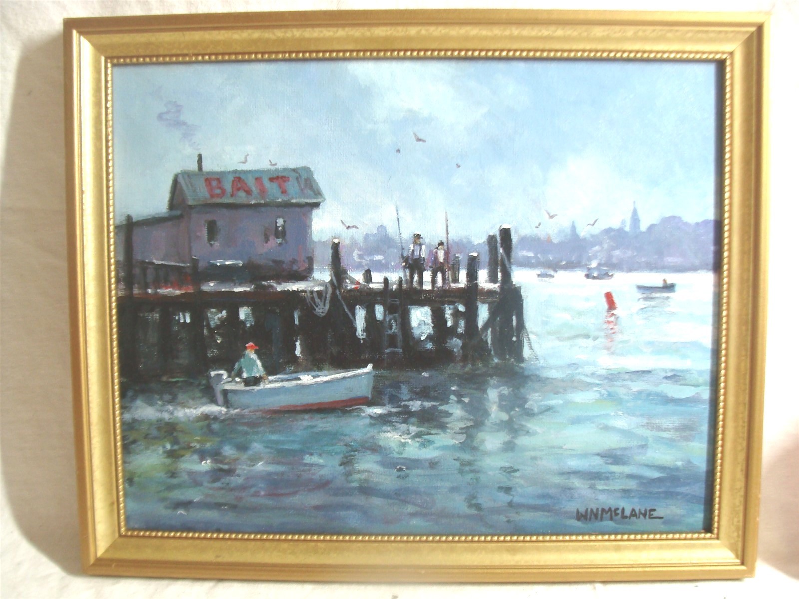 Signed W N Mclane Fishing Dock O/B Seascape Boats Fishermen Painting