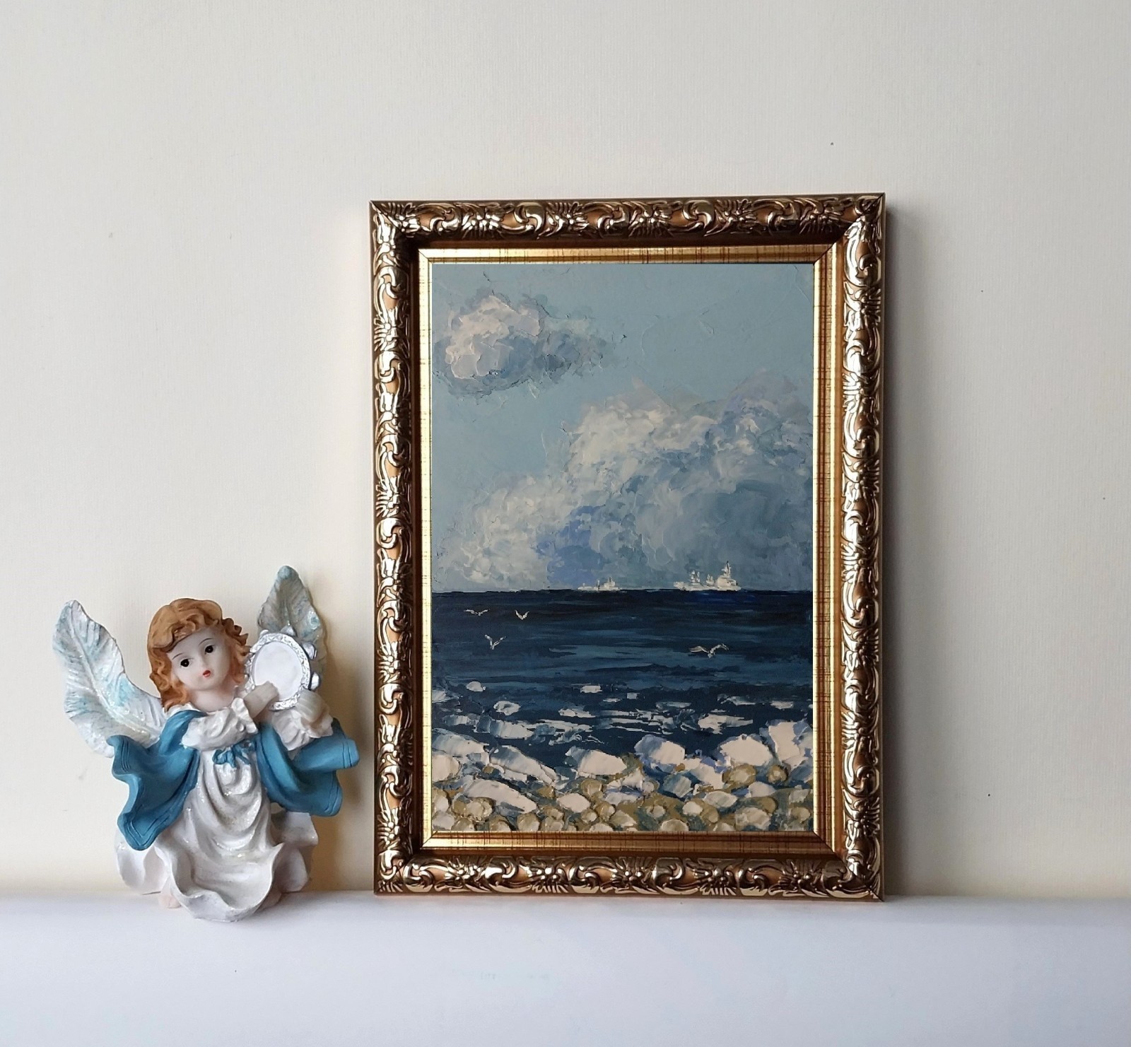 Framed Cloudy Sky Seascape Ships Winter Seashore Art 4×6” Original Oil Painting