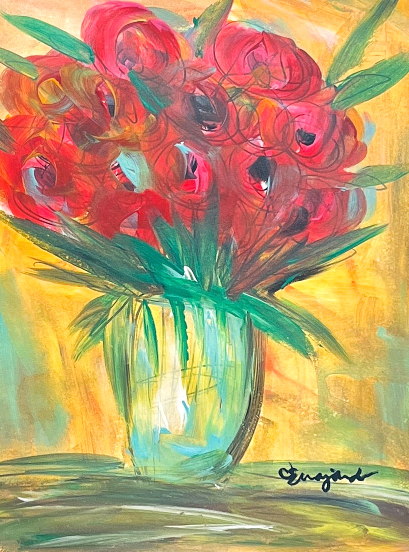 Guajardo Art: Roses on Table 11X8.5 Original Paper Signed Whimsical Art