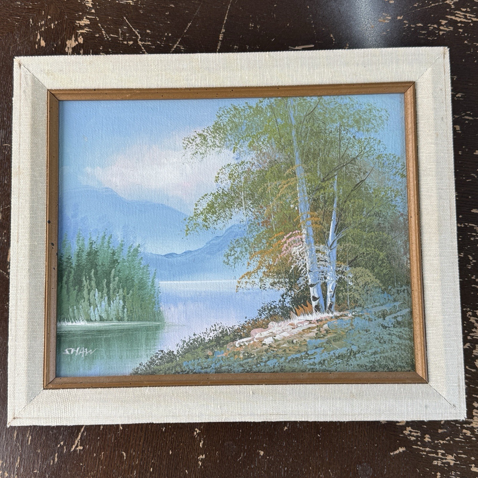 Original Oil Painting Signed By Shaw Landscape 8×10 On 10×12 Frame Linen Liner