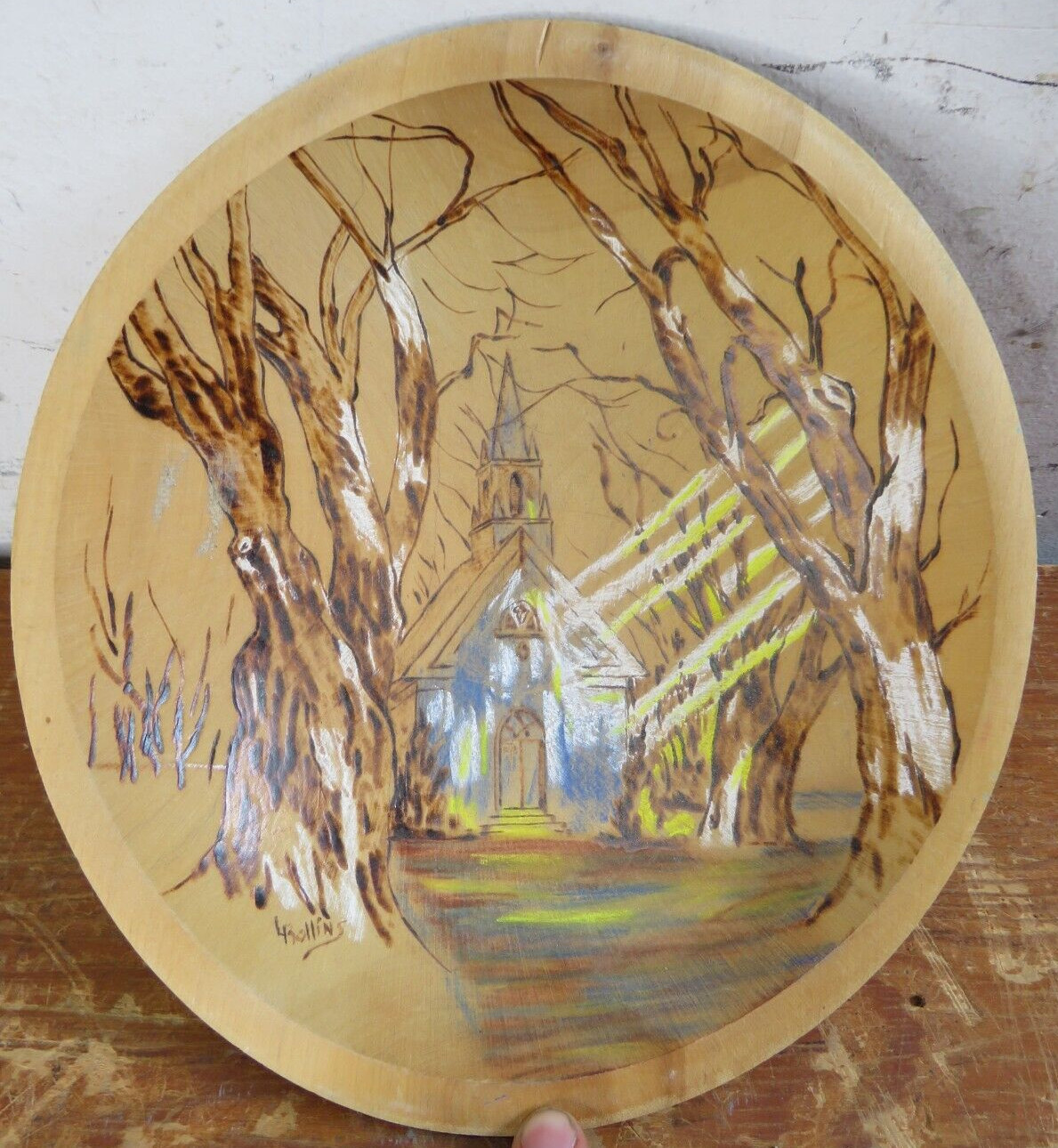 Vintage Wooden Bowl Art Church Trees Painting/Burning 8.25×9 Rollins