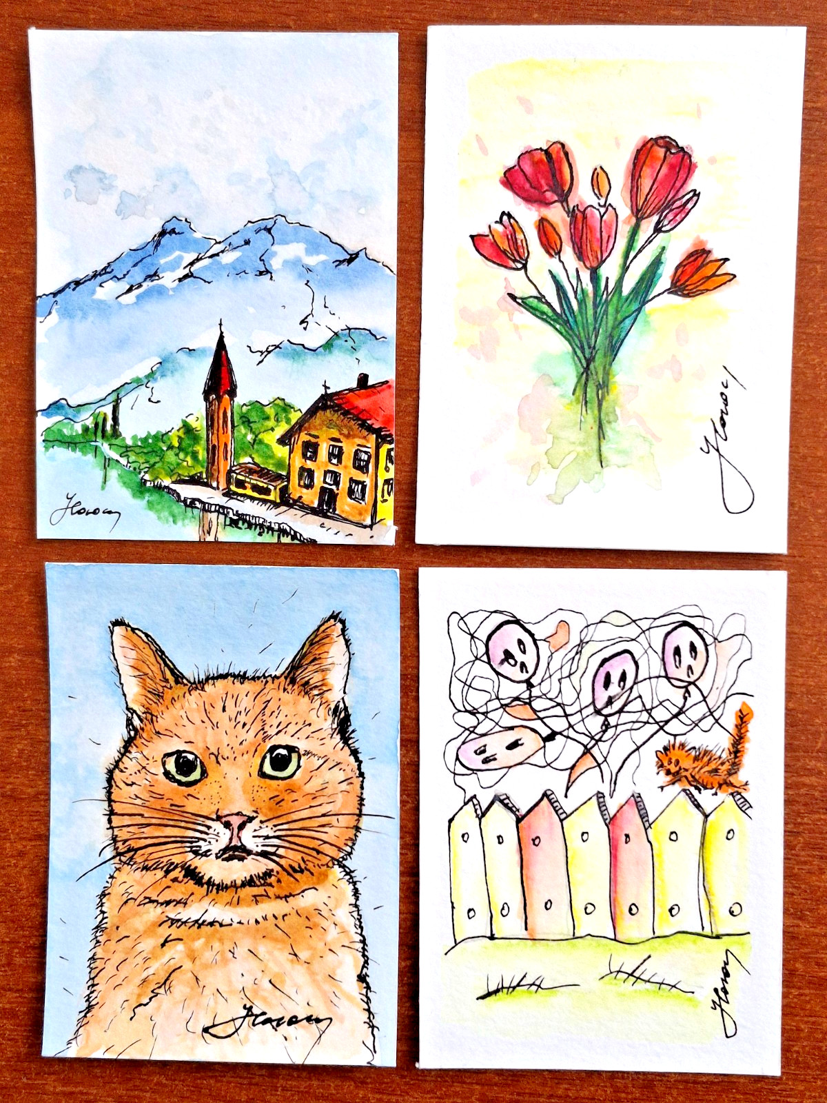 ACEO Original Watercolor Ink Painting Cat Landscape Buy 4 pcs get 50%