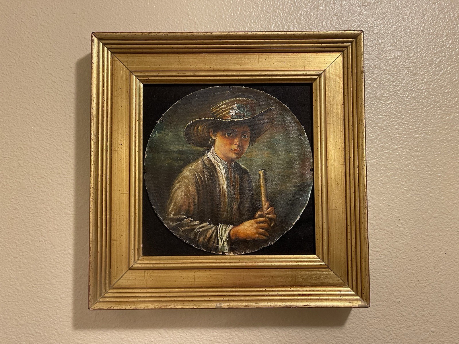 Boy with a Vest Oil on Canvas Copy of Vasily Tropinin Framed Red Wood Gilded