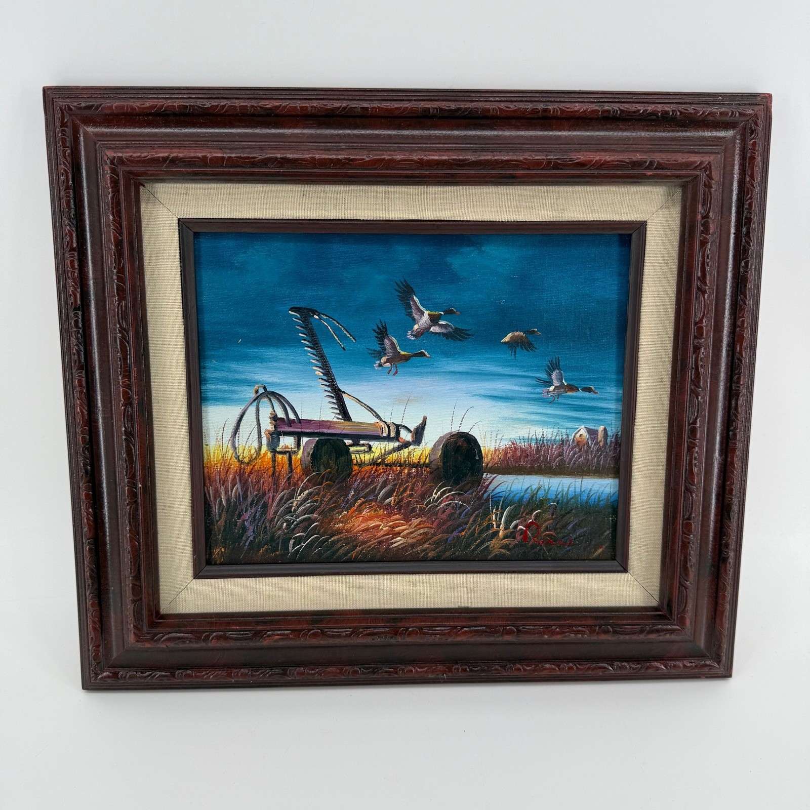 Signed Vintage Framed Duck Marsh Painting Wildlife Cabin Lodge Decor 15.5×13.5