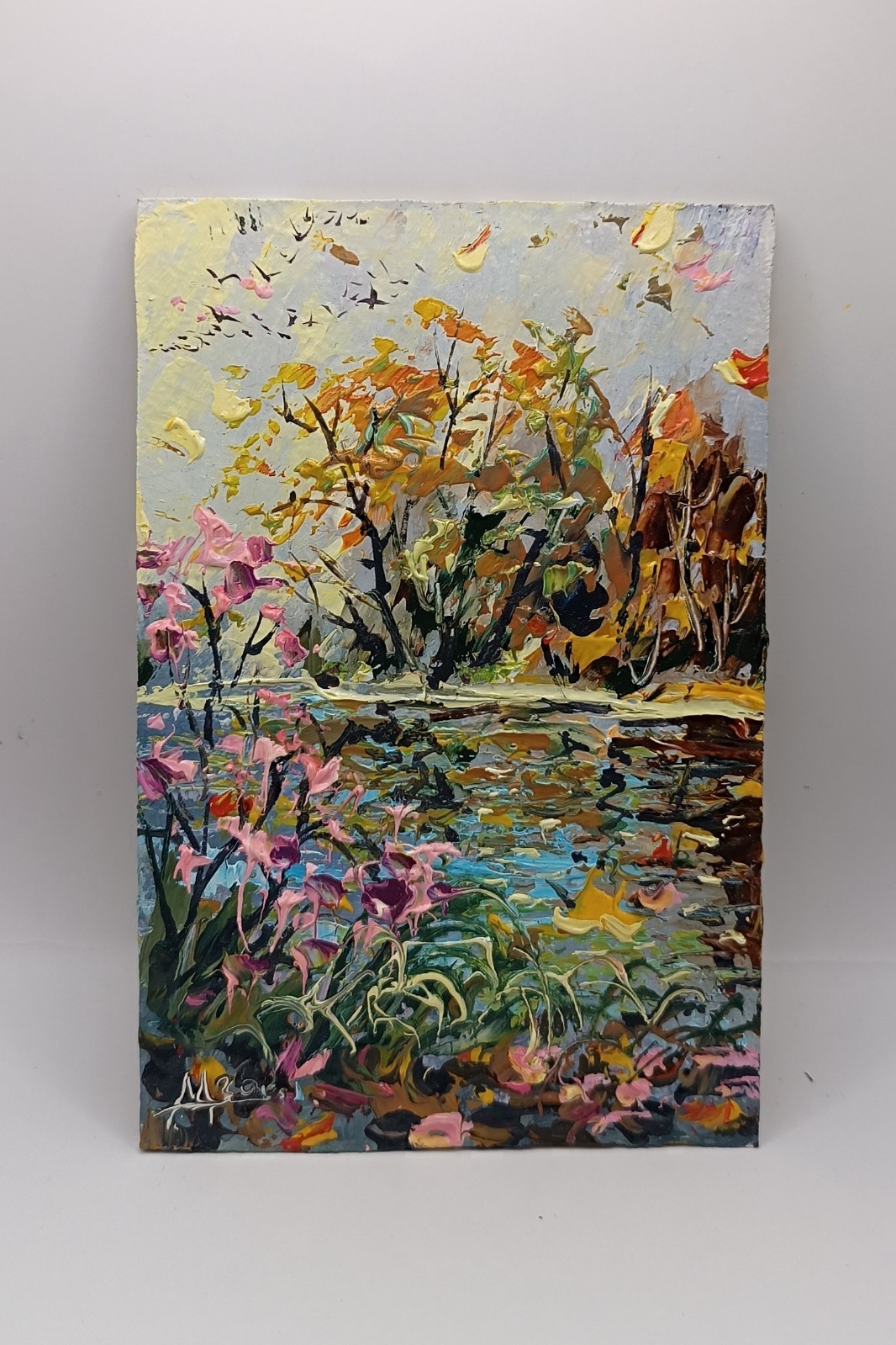 Original Autumn Pond Oil Painting Autumn Landscape Framed Miniature Art 4×6
