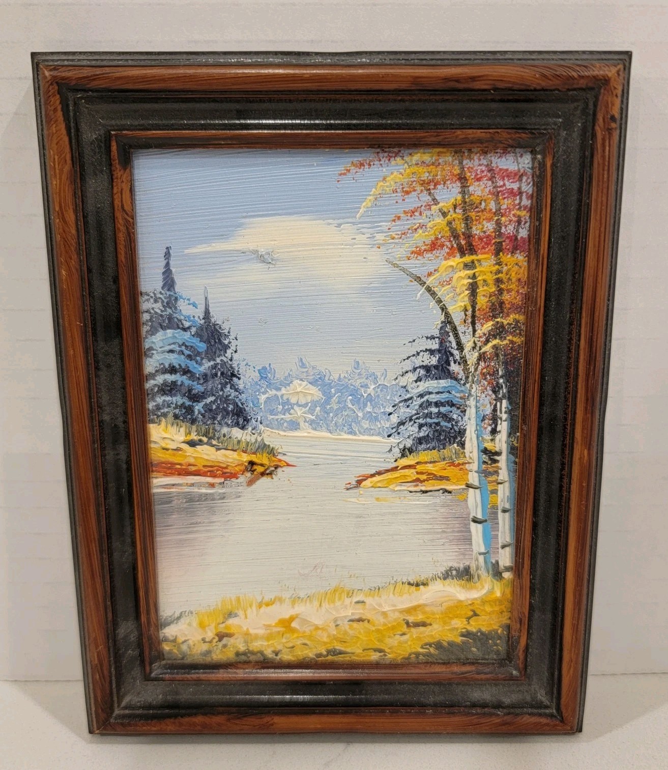 Miniature River And Landscape Scene Oil Painting – Framed Vtg 5.5 X 4.5