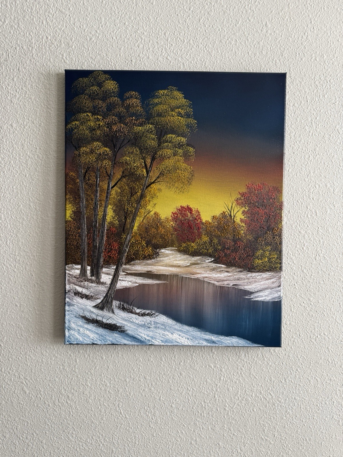 16×20 Original Oil Painting Winter Sunset River Landscape – Handmade Snow Scene