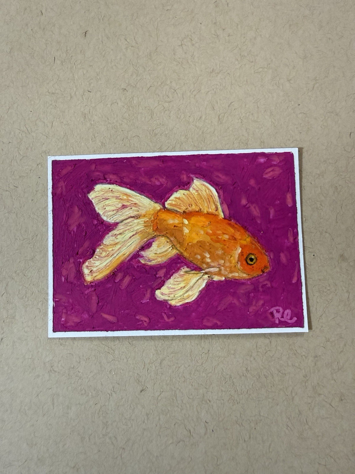 ACEO Art Card Original Goldfish Oil Pastel Painting Drawing Fish Miniature OOAK