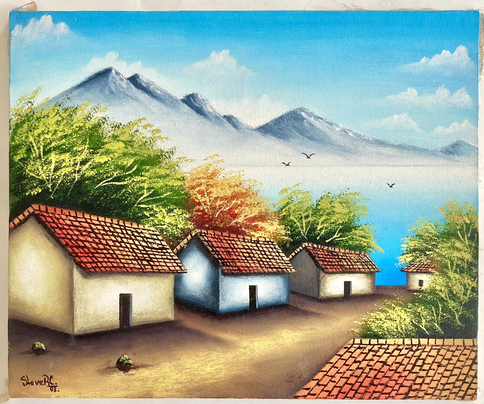 Mountain Village Painting 10×12″ Landscape Art Spanish Architecture Beach Trees