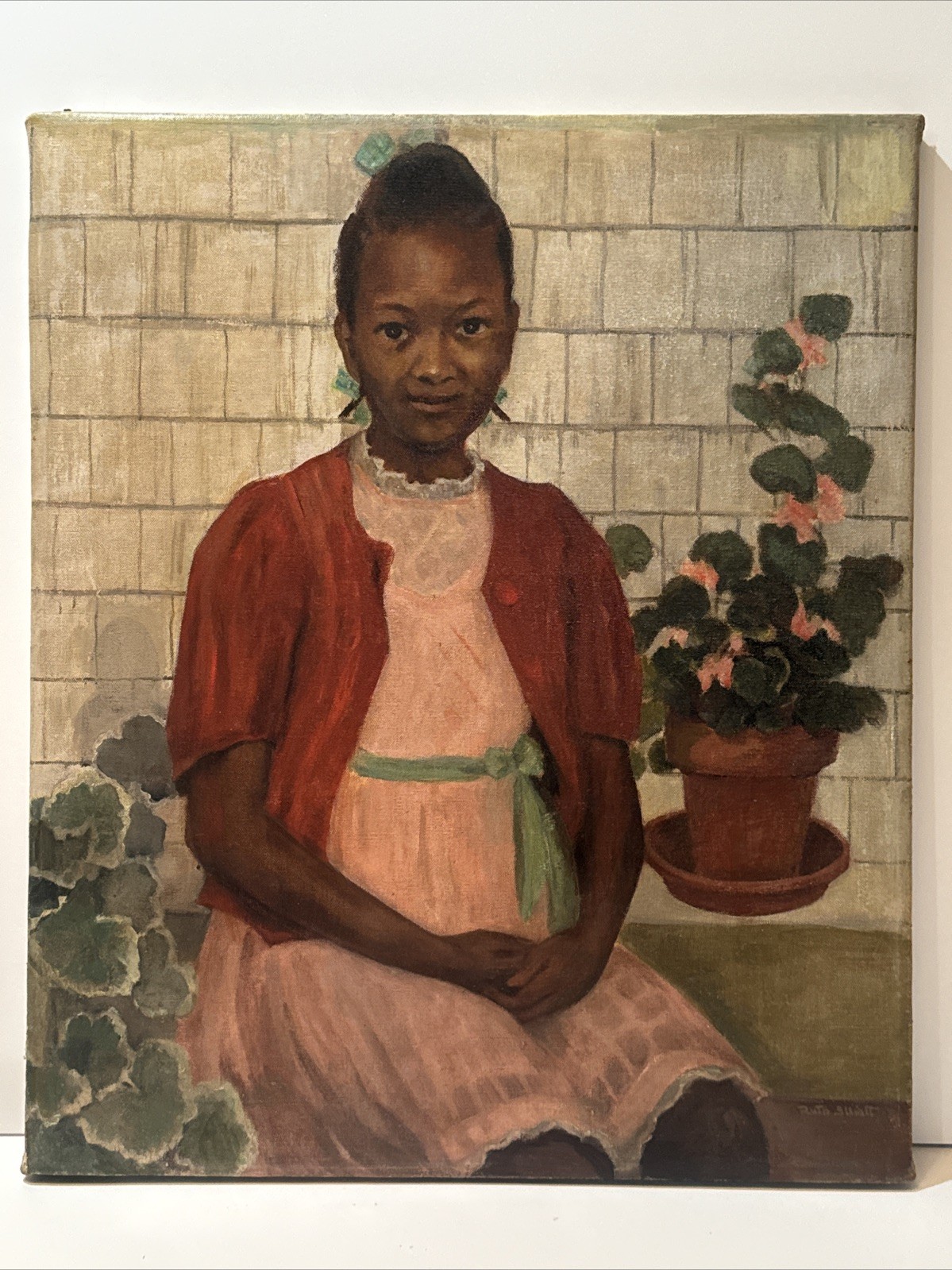ANTIQUE PAINTING BLACK GIRL YOUNG WOMAN AFRICAN AMERICAN OIL SIGNED RUTH 24 INCH