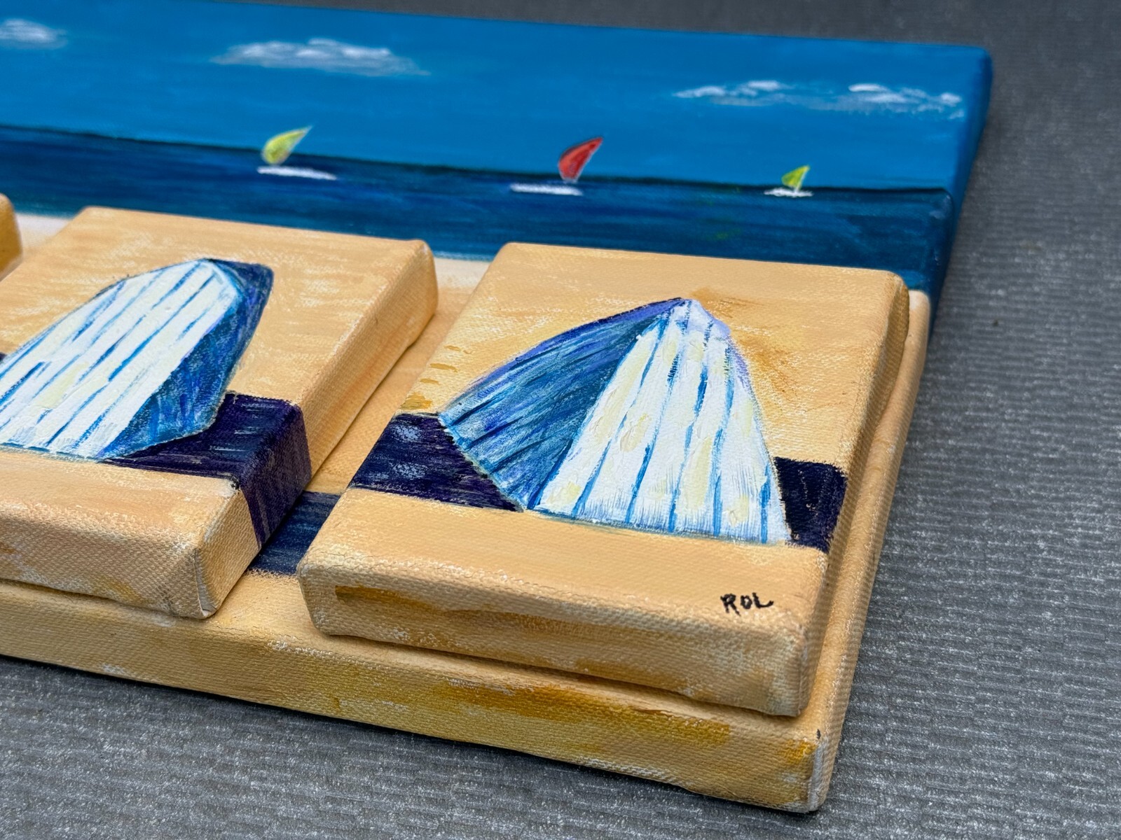 ROL 3D Multi Canvas Beach Seascape Painting Cabanas Sailboats Collage 3-D Ocean