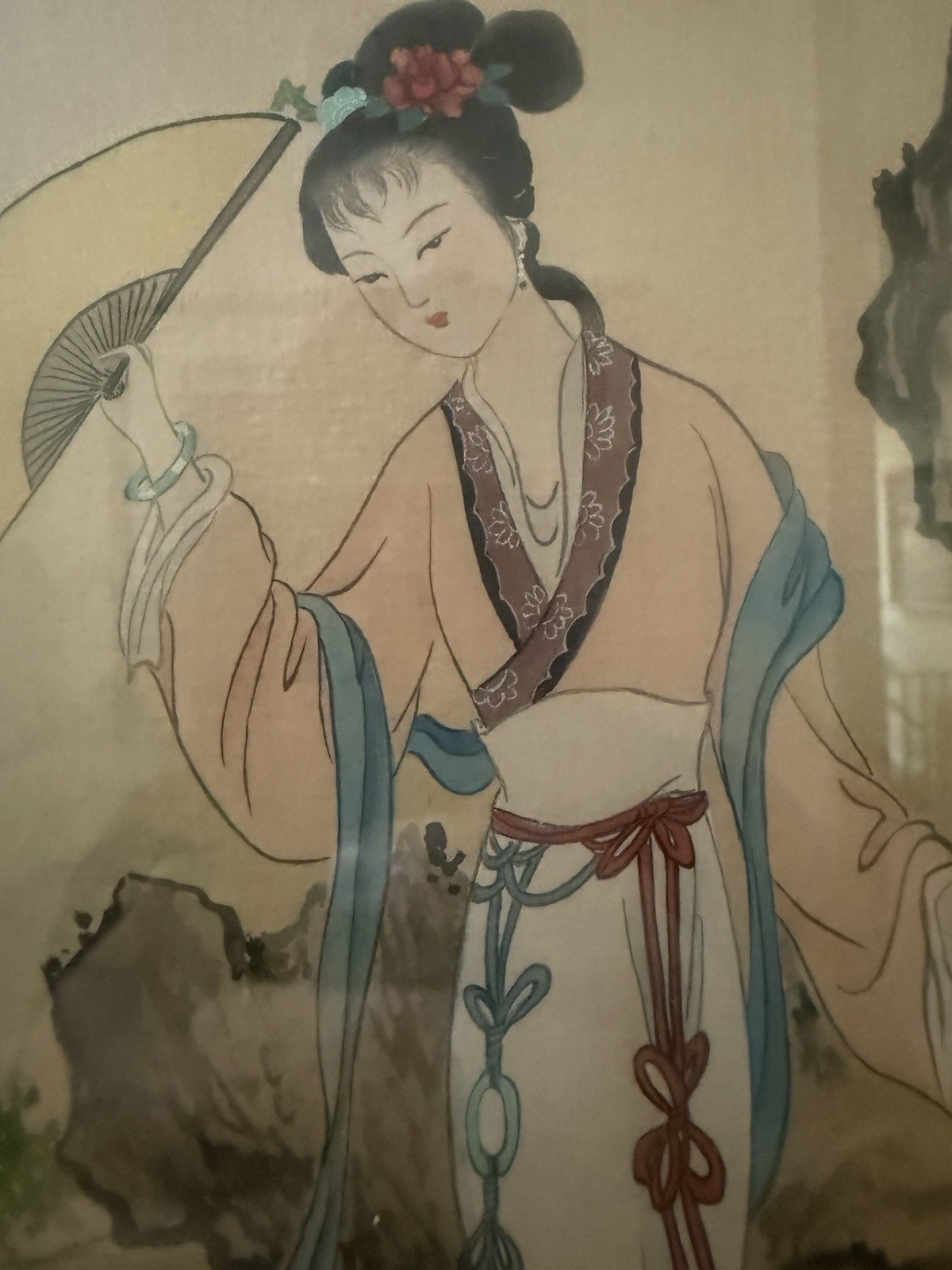 Antique LEE TINGHUA (20th C., China) Signed Ladies In Garden Framed Painting