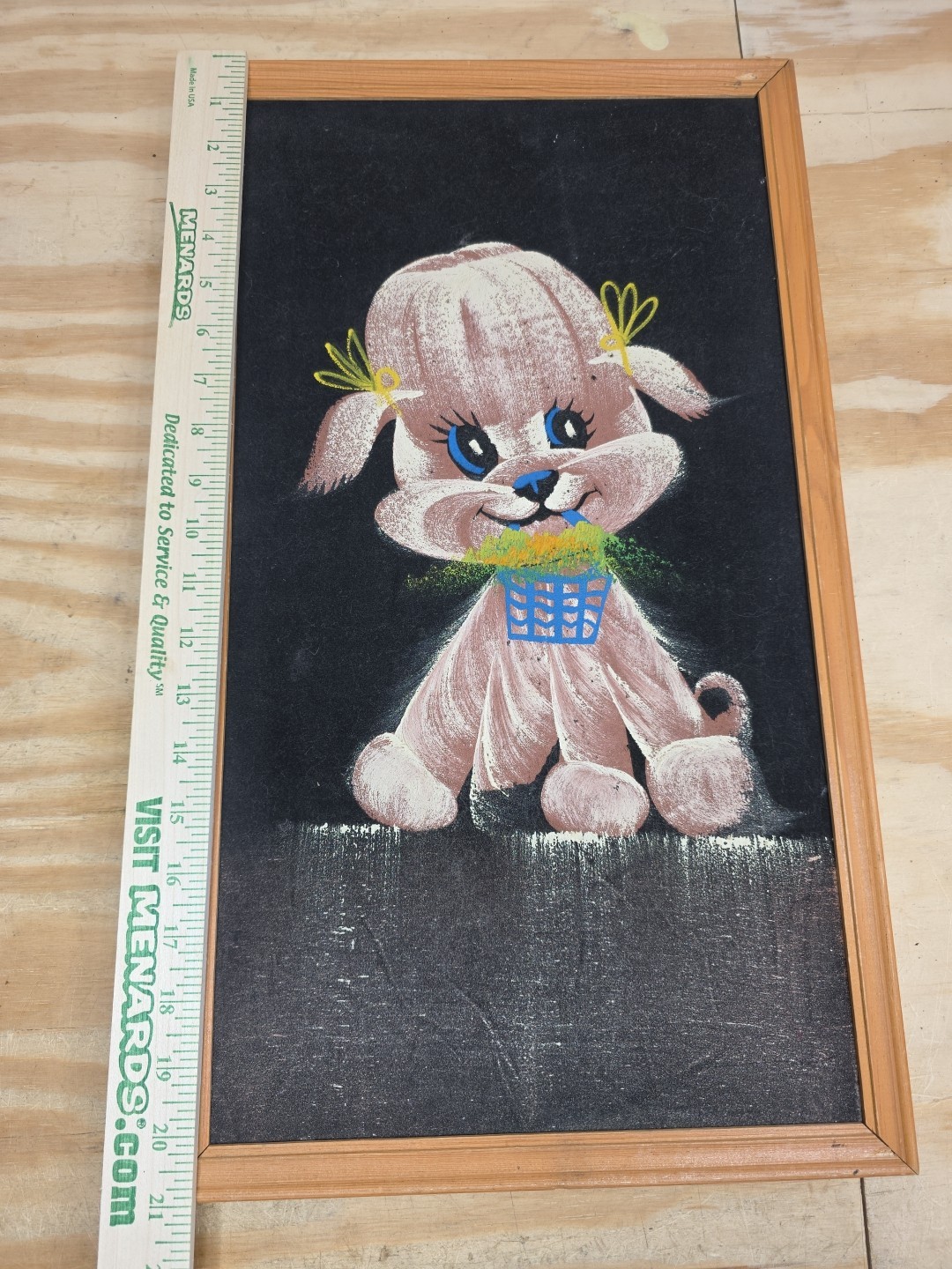 Vintage Velvet Painting Frame Dog Pink Poodle Kitsch Basket & Bow’s 70s Retro