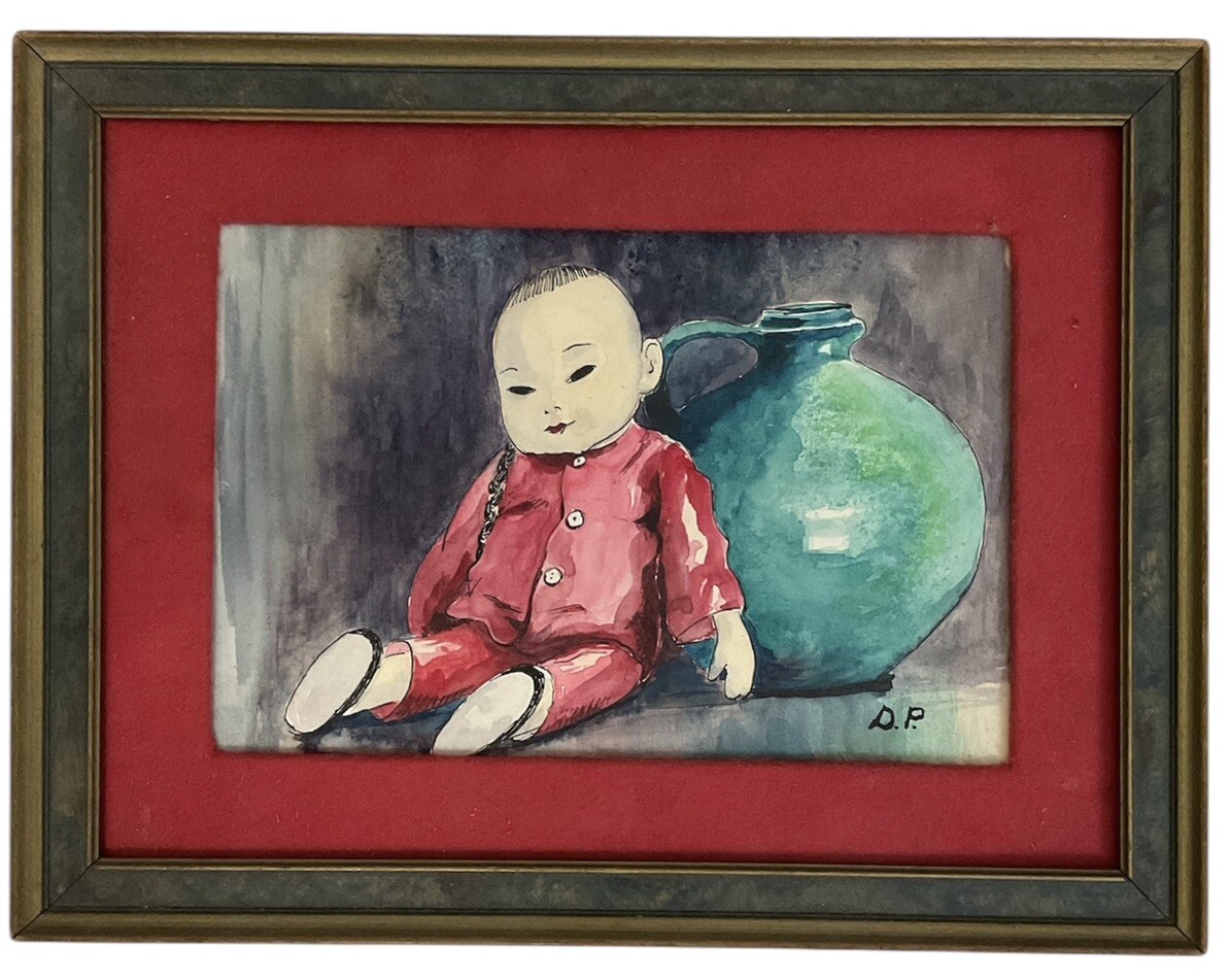 Vintage Original Watercolor Painting Signed Framed Asian Child Doll With Vase