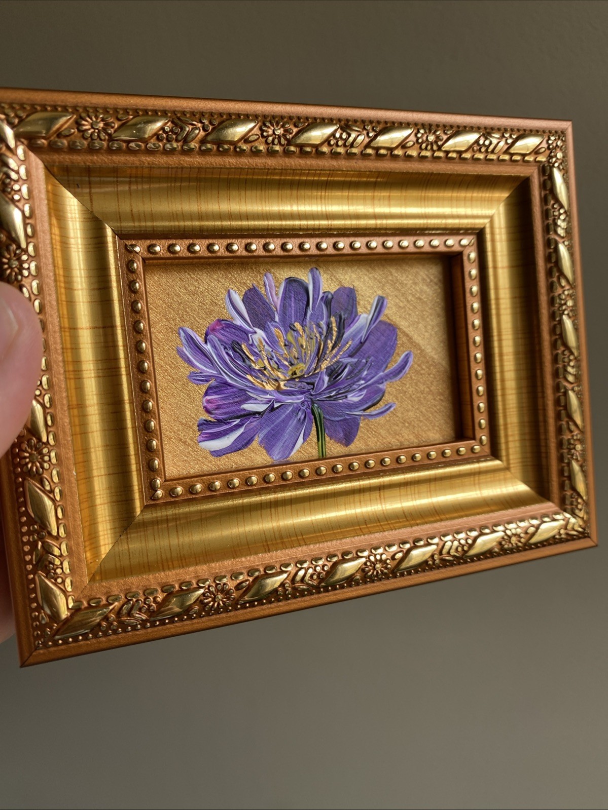 ORIGINAL Painting Peony Flower framed,gold,miniature,small,mini