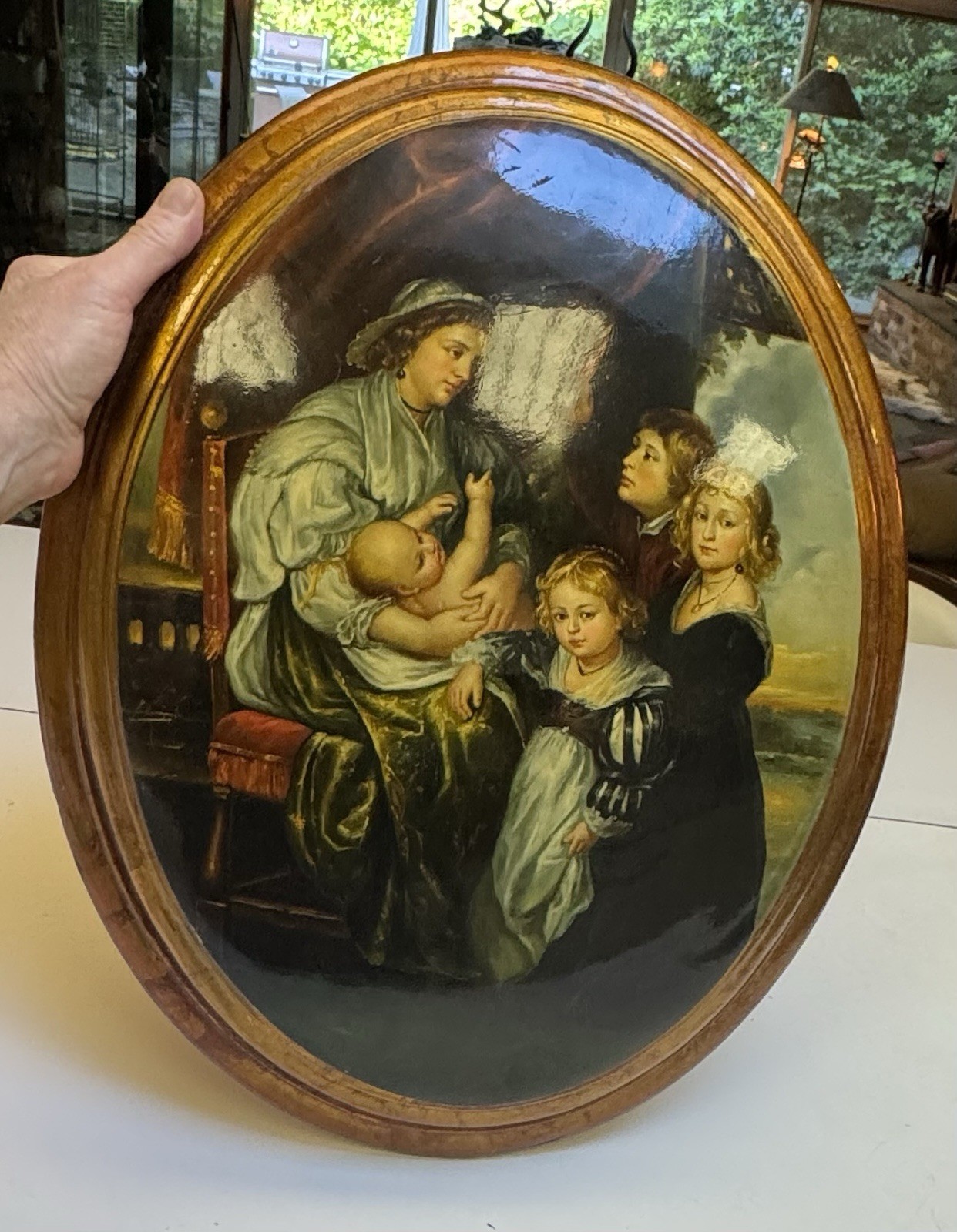 Oil Painting original Mother Infant Baby Children 19Th C Style Domed Wood Plaque