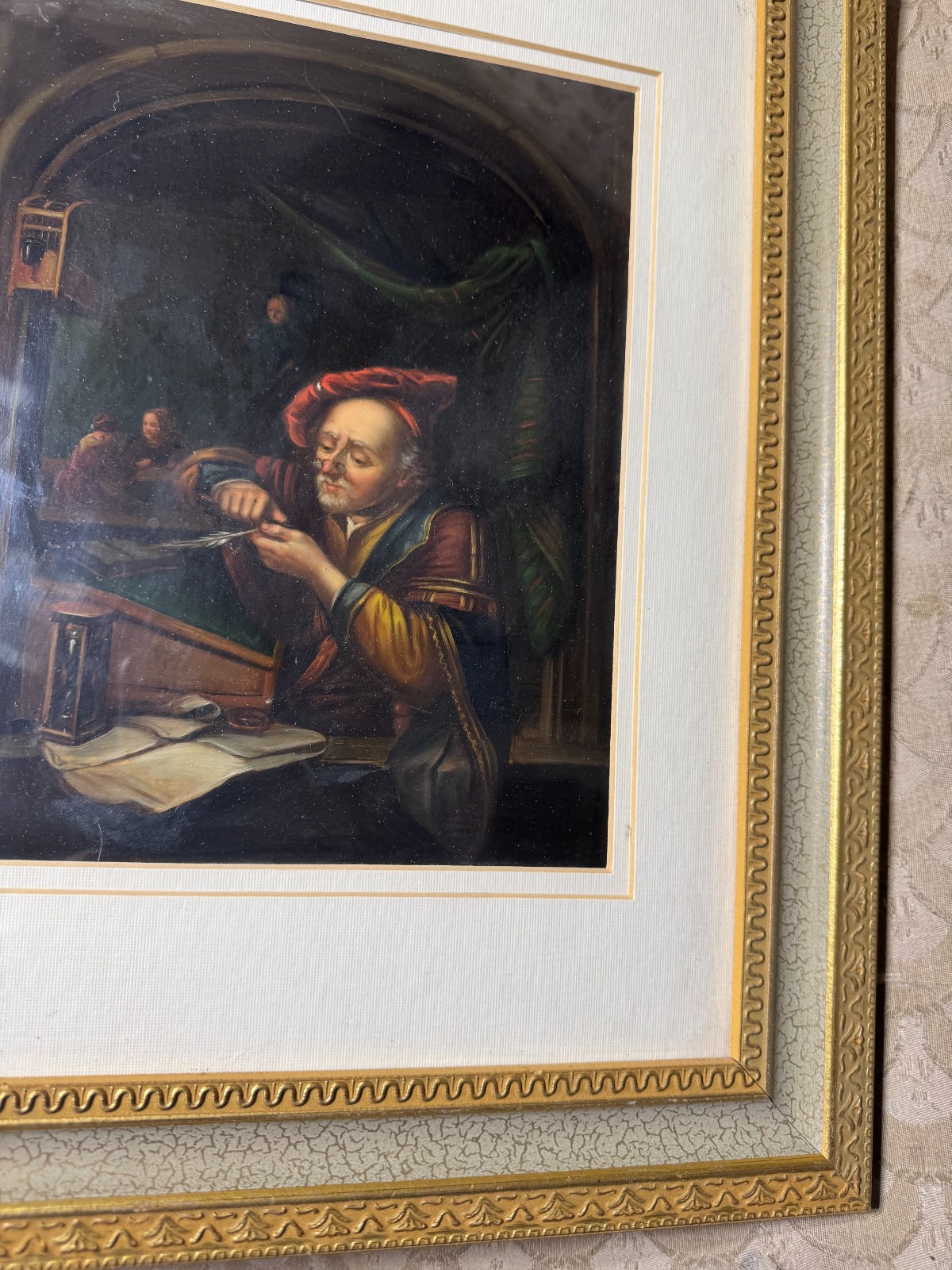 Stunning Antique «Man Sharpening Quill Pen» Oil On Metal Painting – Framed