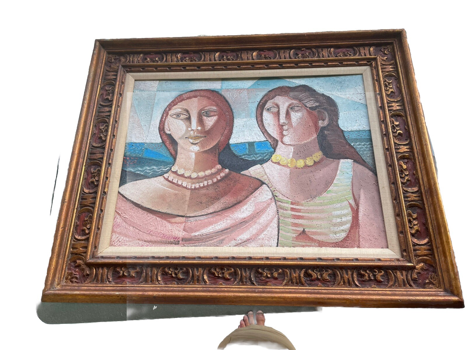Vittorio Maria De Carlo Oil Painting 2 Females Signed Framed Italian Canvas